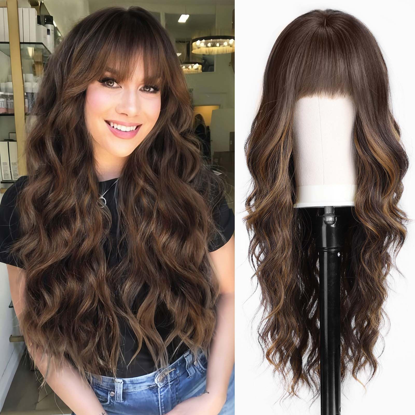 HAIRCUBE Brown Wig with Bangs for Women Brown and Blonde Long Wavy Hair Wig Wig Curly Wavy Synthetic Wigs for Girls Daily Party Use Brown with Highlight