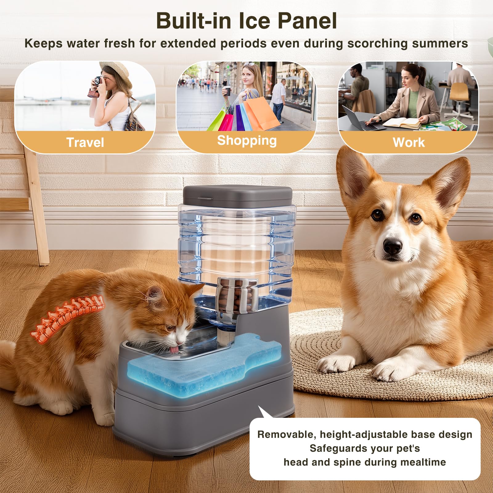 Paquete de 2 comederos automáticos para gatos y dispensador de agua de 1.3 galones, alimentador de alimentos por gravedad para perros y agua con bolsa de hielo, cuenco de acero inoxidable para