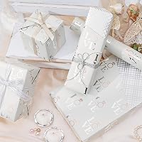 Vista 3 de LeZakaa Rollo de papel de regalo reversible de boda, diseño de amor con anillo y cuadros, lámina plateada para boda, compromiso, despedida