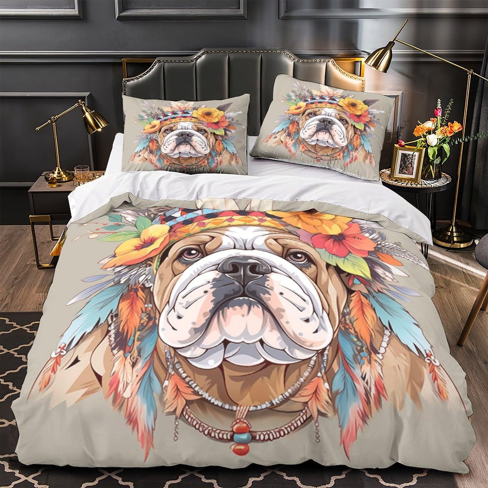 Stampato in 3D BullLuna francese Copertina Stampata Microfibra Disegnata Set Di Biancheria Da Letto Ipoallergenico Con 2 Federe,Double（200x200cm）, Per Adolescenti E Adulti
