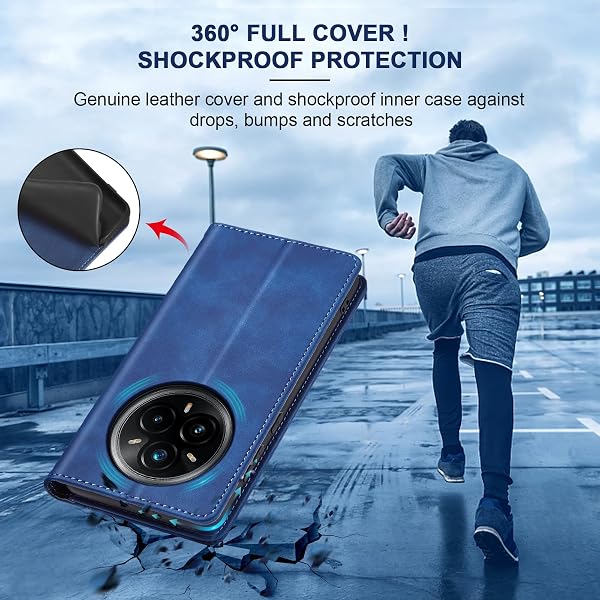 Jasonyu Étui de protection à rabat en cuir synthétique de qualité supérieure pour Realme 14 Pro+/14 Pro Plus 5G, résistant aux chocs, magnétique de qualité supérieure, fonction support - Avec - 4