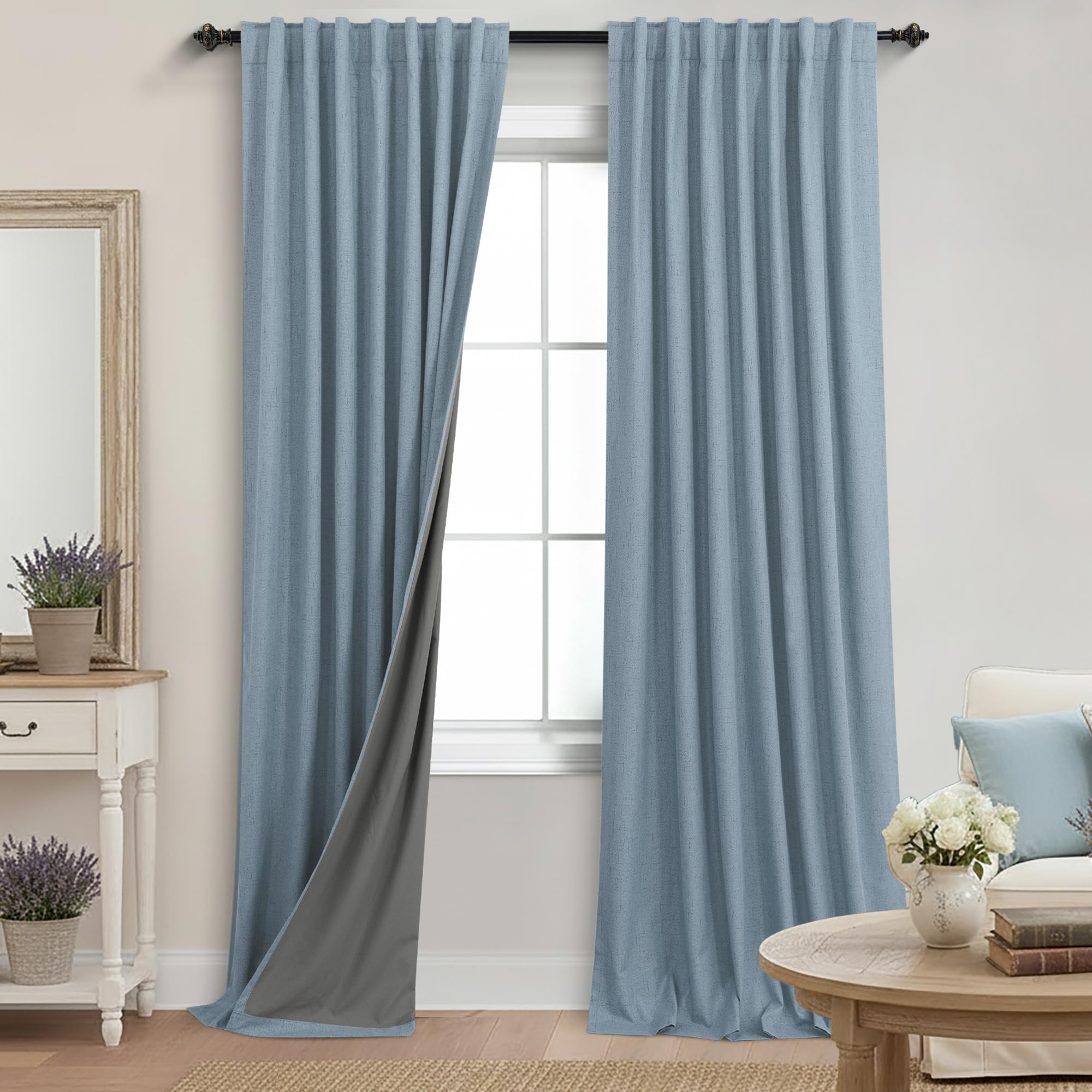koufall light blue blackout curtains 96 inch long 2 panel set,linen textured black out room darkening back tab pleated dusty stone blue curtain drapes for bedroom living room with cat design