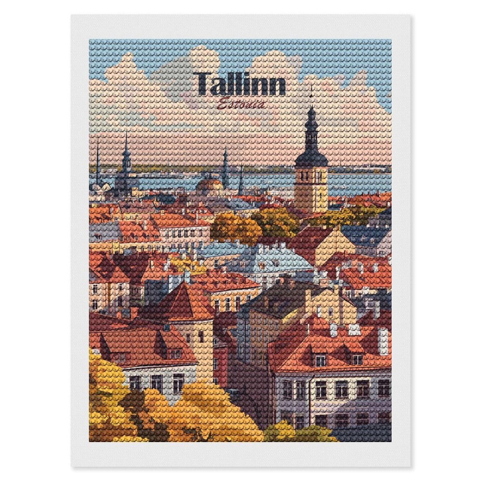 Junmoney Tallinn Cityscape Diamond Art Kit 12"x16", Holiday Gift Idea, for Women, Easy Handmade Project, Vintage Style Decor, Printed Canvas