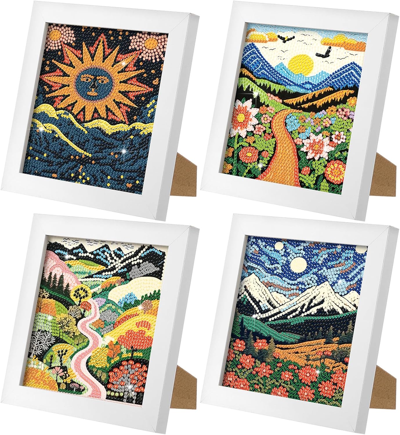 Geyoga 4 Pcs Boho Diamond Painting Kits with Frame Adults Sun and Moon Diamond Art Kits for Adults Beginner Kids Landscape Arts and Crafts Abstract Rhinestone Gem Art Table Decor Gift 7x7inch