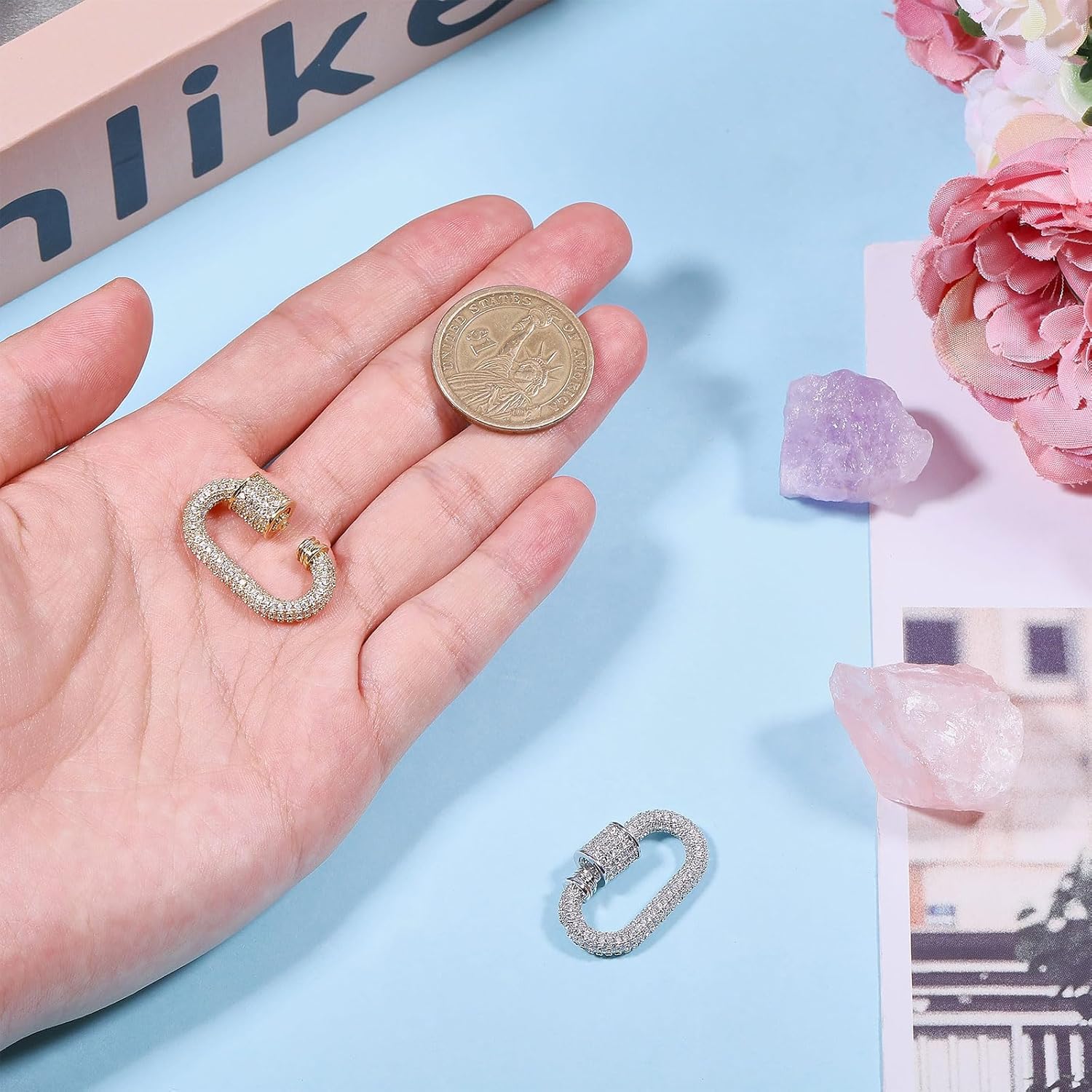 2PCS Necklace Clasp Rhinestone Oval Screw Carabiner Lock Charms Clasps Shortener Bracelet Keychain Necklace Sweater Pendant for Decoration Jewelry Crafts Making - Image 3