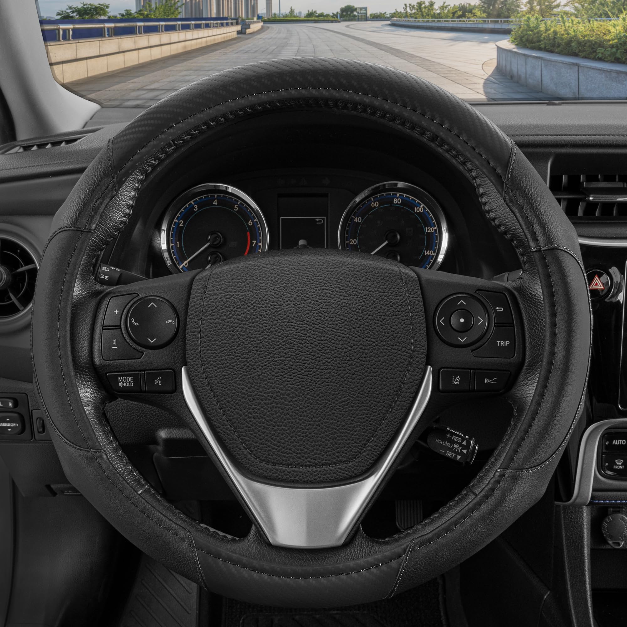 Motor Trend GripDrive Carbon Fiber Steering Wheel Cover, Non-Slip Sporty Racing Faux Leather Ergonomic Comfortable Handle, Steering Wheel Cover for Cars Trucks Vans SUV - Fits Standard 15 Inch - Black