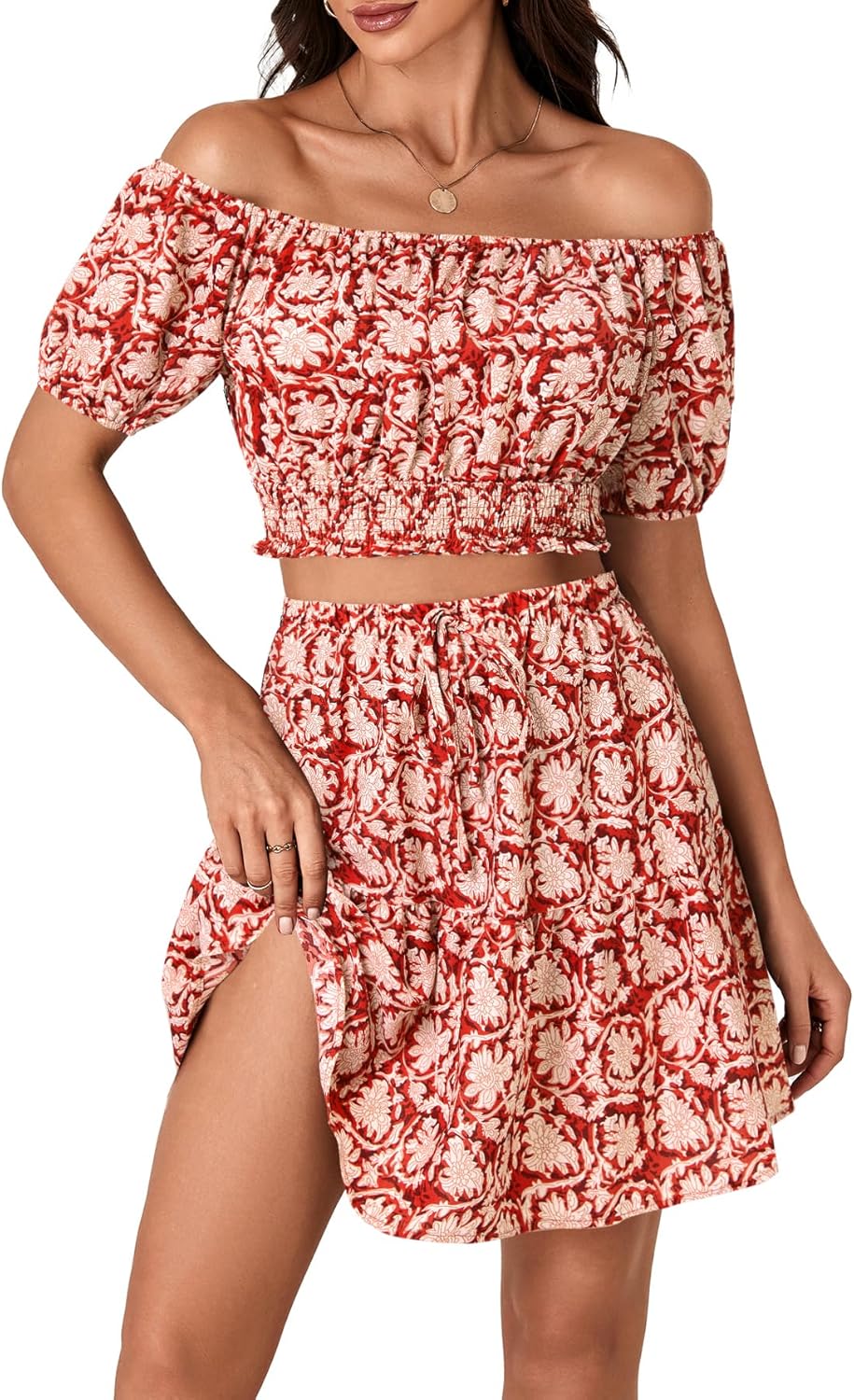 Vrtige Women's 2 Piece Outfits Floral Off Shoulder Short Sleeve Crop Top and Ruffle Mini Skirt Set