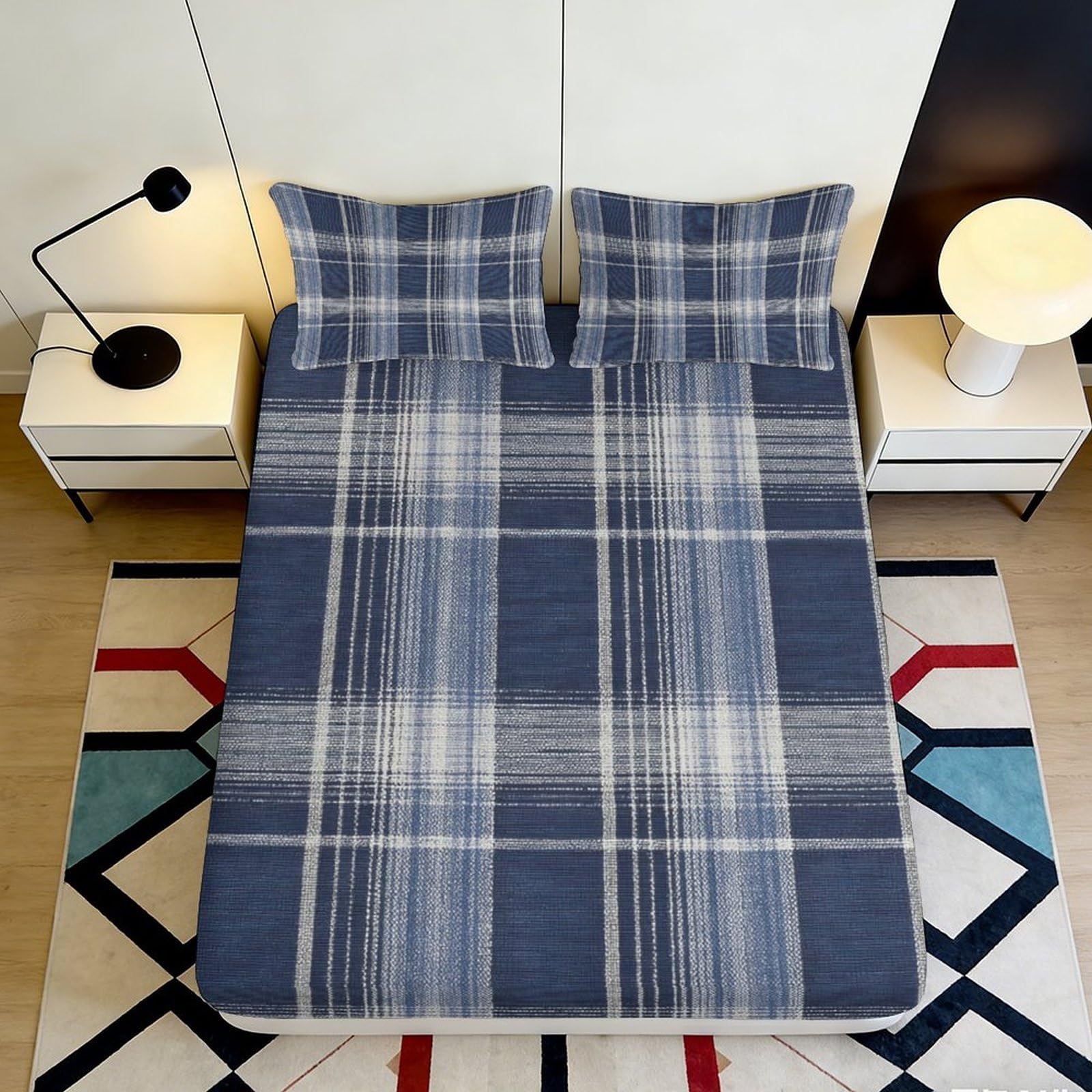 3D Printed Blue Plaid Fitted Sheet Microfiber Soft Breathable Checkered Mattress Cover for Bedroom Dorm Decor 90x200x25cm