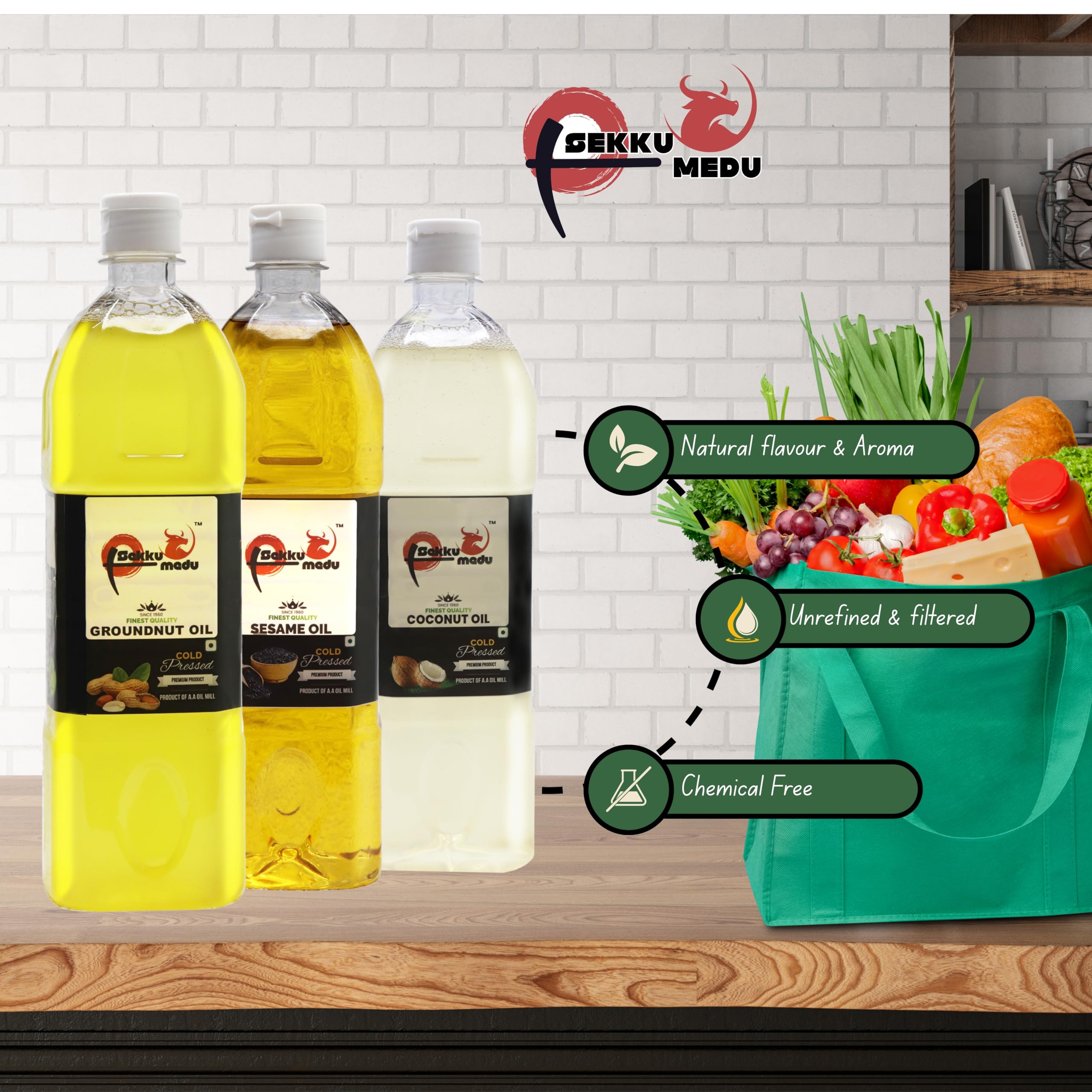 Sekku Medu Pure Cold Pressed Oil Combo Pack | 100% Natural Wood Pressed Sesame, Peanut (Groundnut) & Coconut Oil | Unrefined, Chemical-Free & Nutrient Rich Edible Oils for Cooking & Wellness (3L GROUNDNUT + 2L SESAME) 2