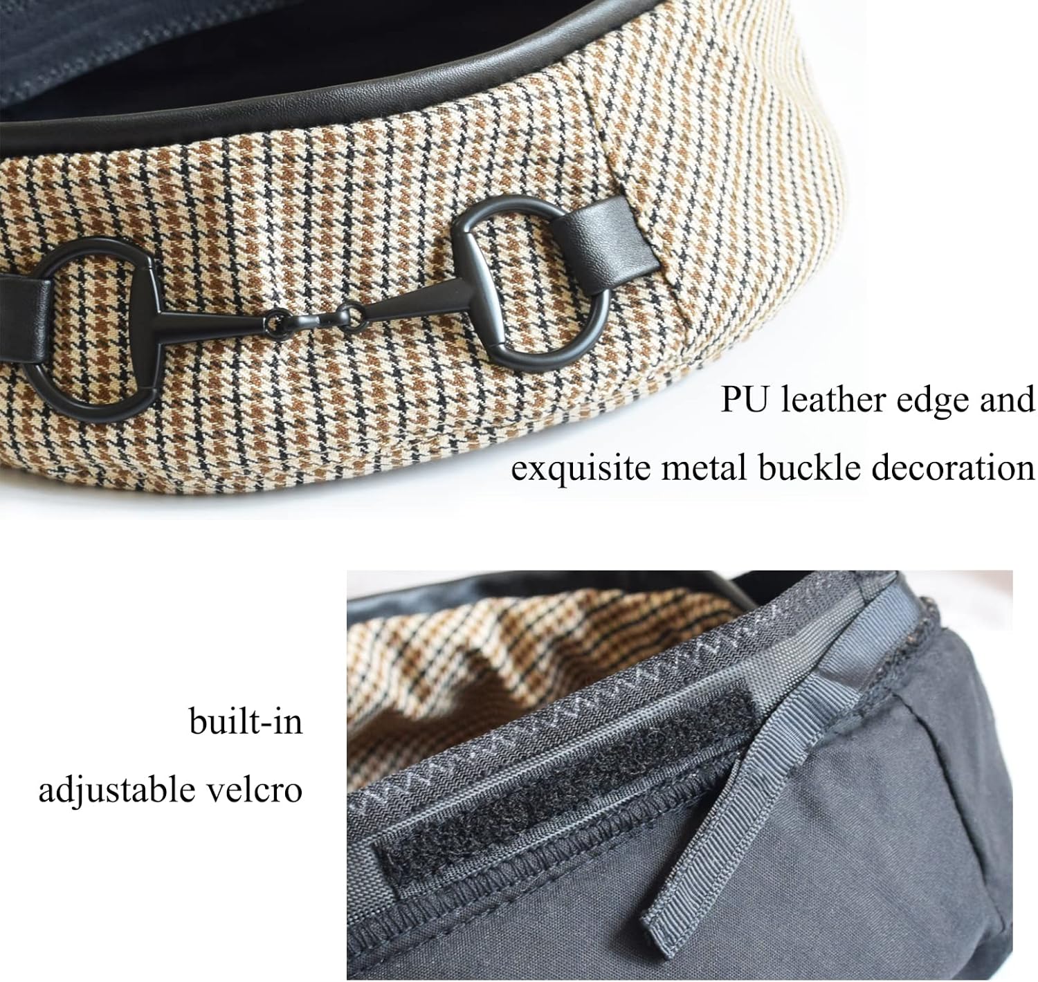 Women Classic Houndstooth Beret with PU Leather Edge, Chic Flat Artist Beanie Hats for Summer Spring - Image 2