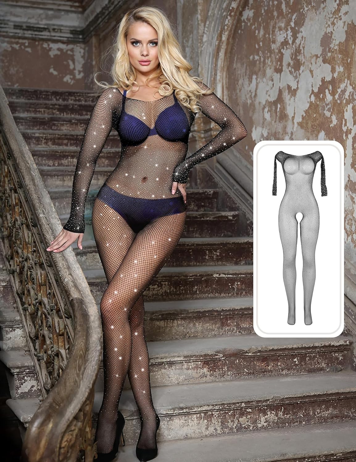 ohyeahlady Women Rhinestone Fishnet Bdoystocking Mesh Sparkle Long Sleeve One Piece Jumpsuit Plus Size Sexy Lingerie Soft - Image 7