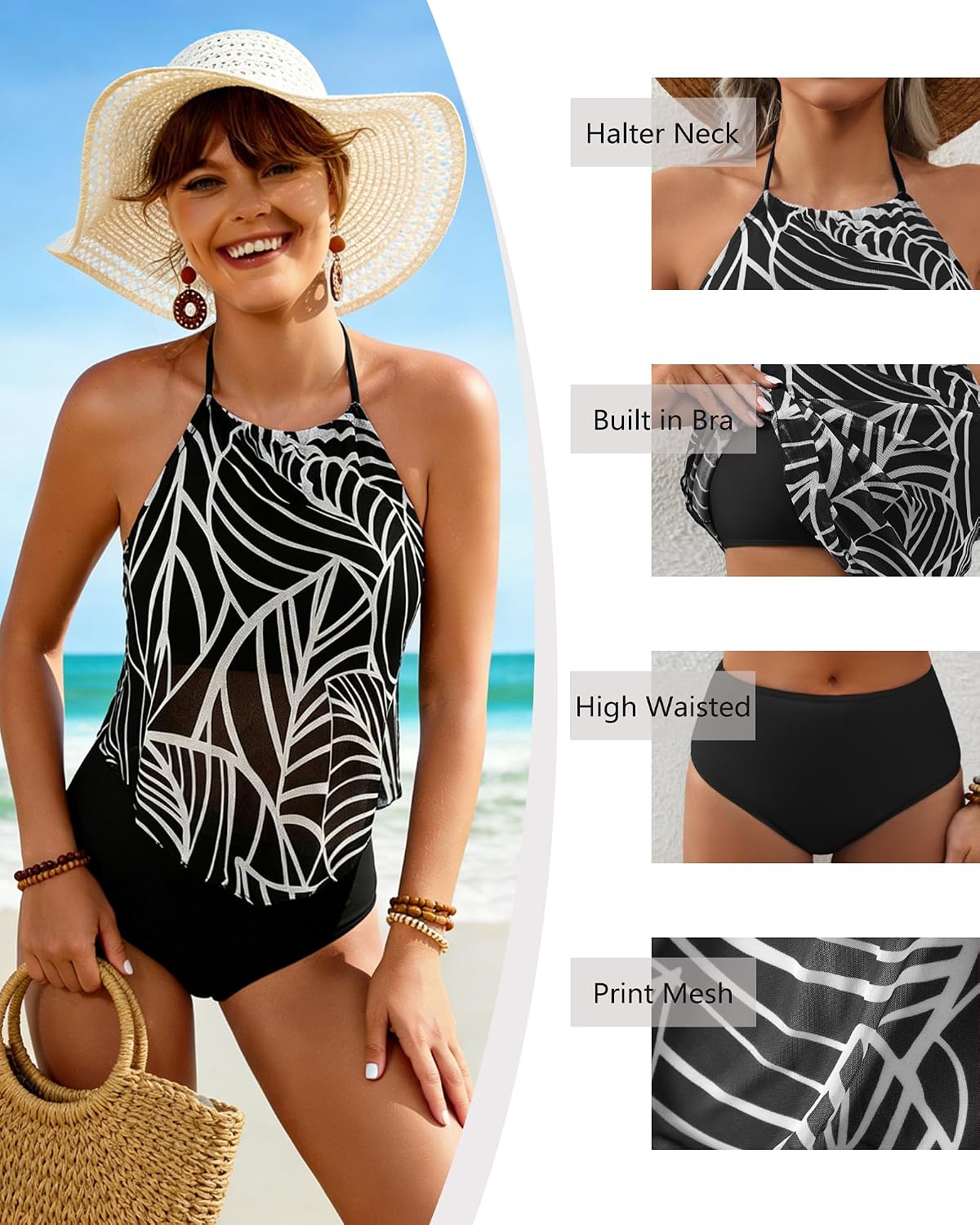 DaiLiWei Tankini Swimsuits for Women Tummy Control Bathing Suit 2 Piece Modest Swim Suits Flowy Mesh Top High Waisted Bottom