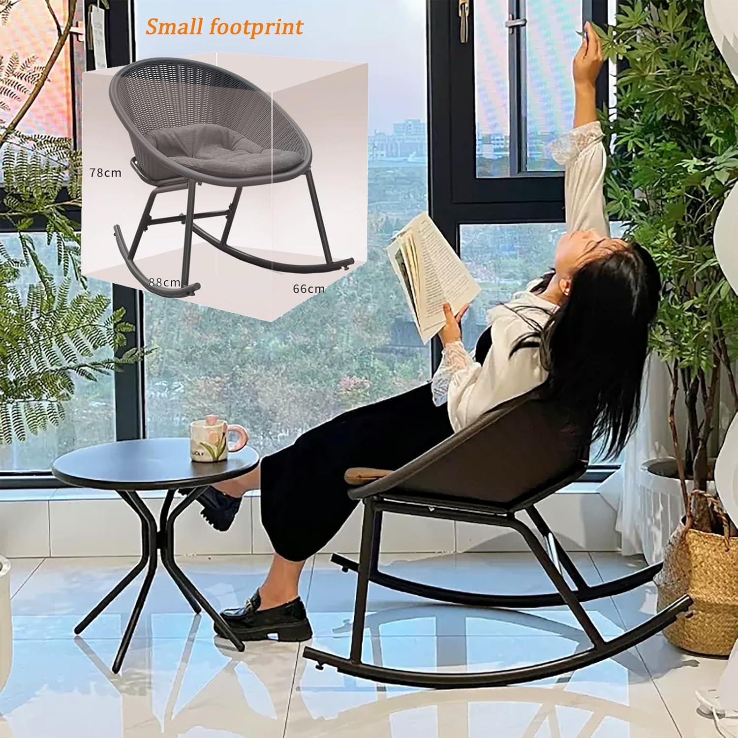 Rocking Chair with Cushion, Breathable Rocker Chair, Outdoor Small Garden Chair, Relaxing Armchair with Backrest, Galvanized Steel Patio Chair, Anti-Fall Design, for Indoor, Outdoor (Color