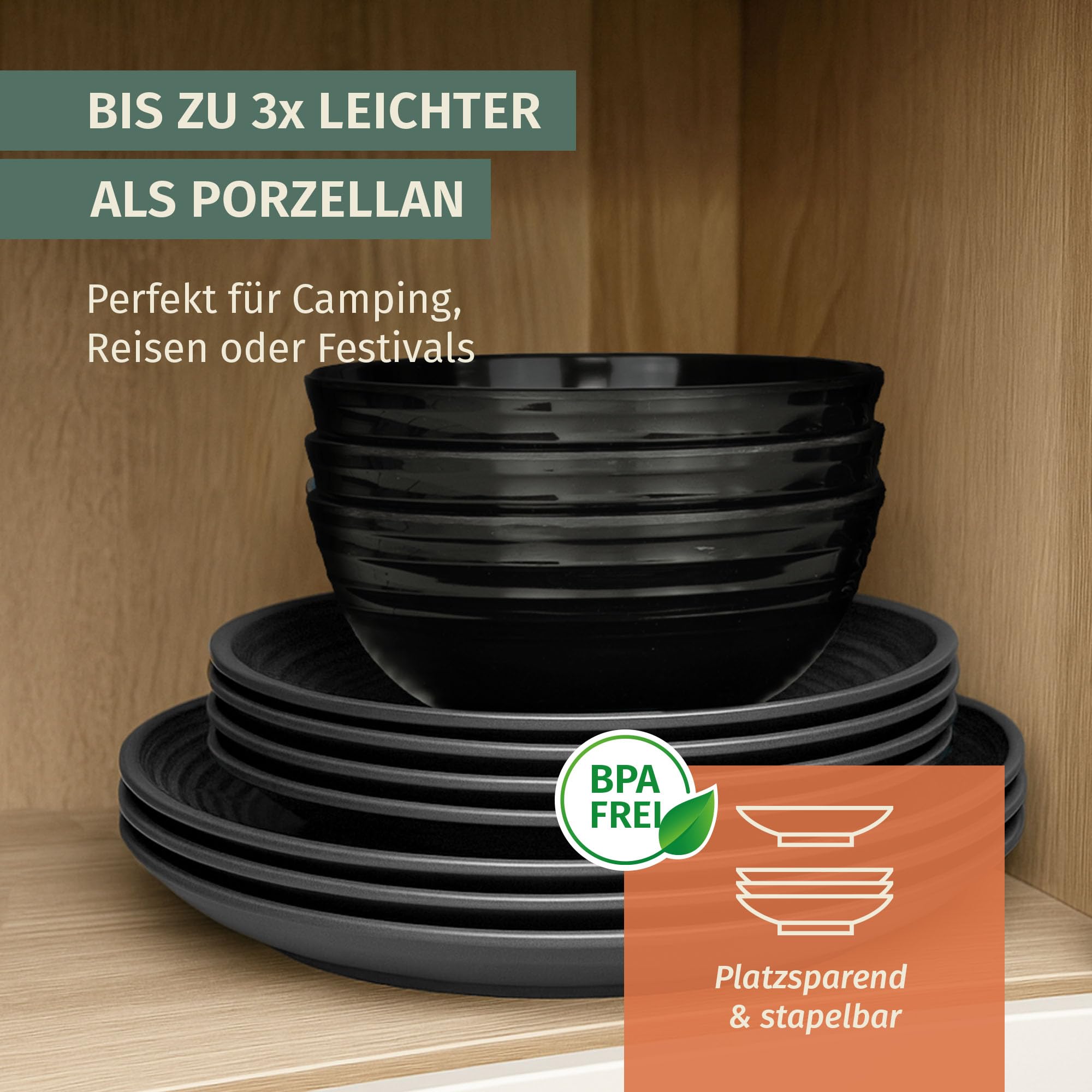 Moritz 12-częściowy zestaw naczyń kempingowych z melaminy dla 4 osób | nadaje się do mycia w zmywarce | piknikowy zestaw naczyń | naczynia kempingowe I Stone Dark Black Design