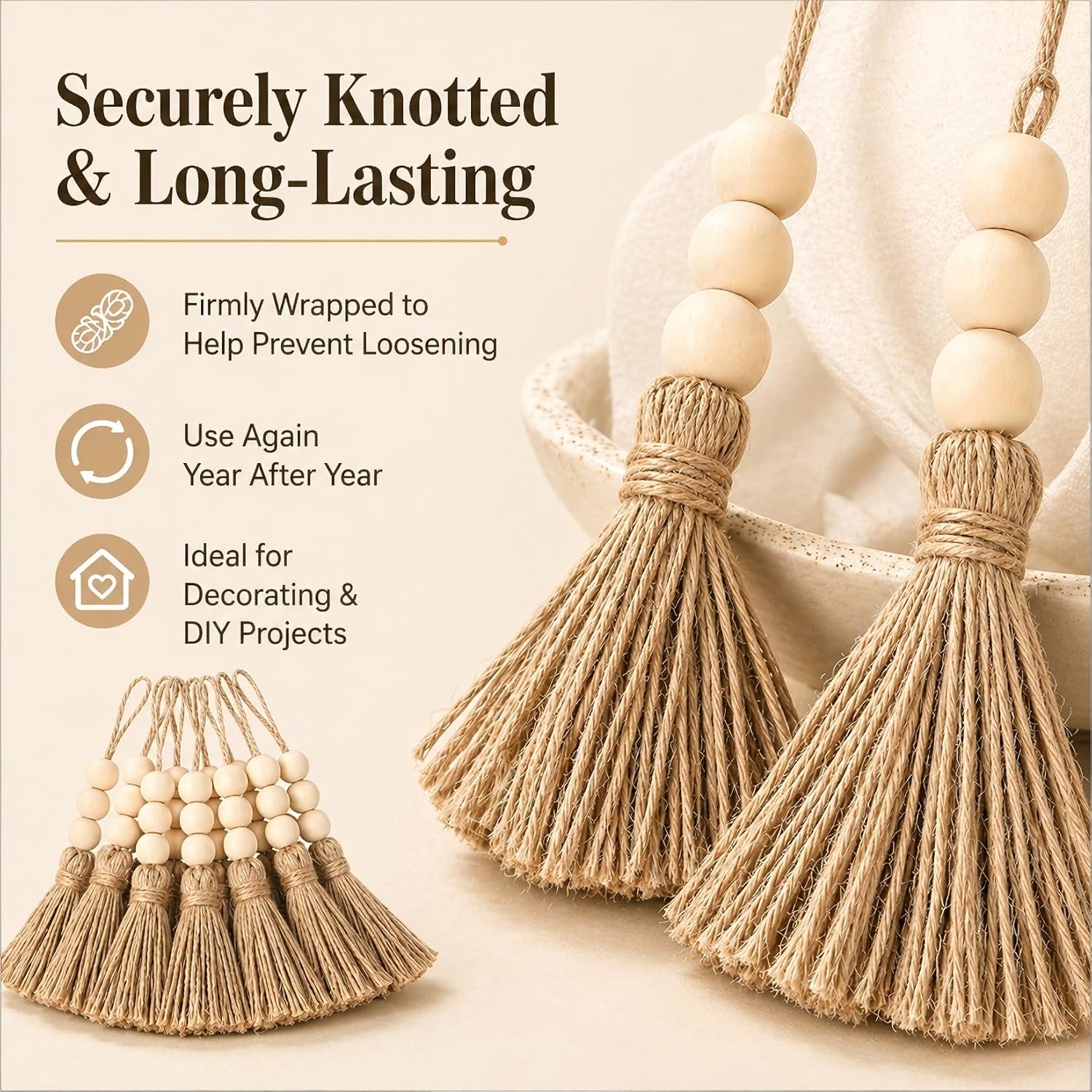 Jute Rope Tassel with 3 Wooden Beads - 20 Pcs Thick Handmade Jute Tassels for Garland Craft Decor Farmhouse Boho Home Door Hanging Decoration for Wedding Party Christmas DIY