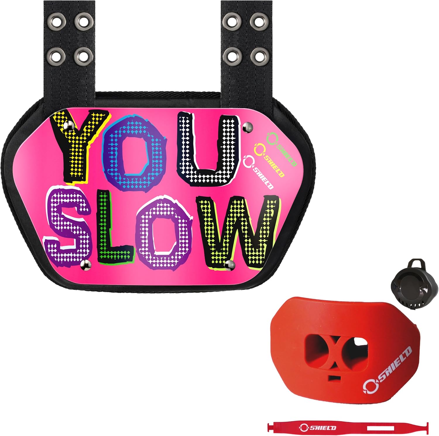 O Shield You Slow Football Backplate with Red Silver Mouth Guard, Backplate Football with Mouthguard, Sold by Package, Youth Fit