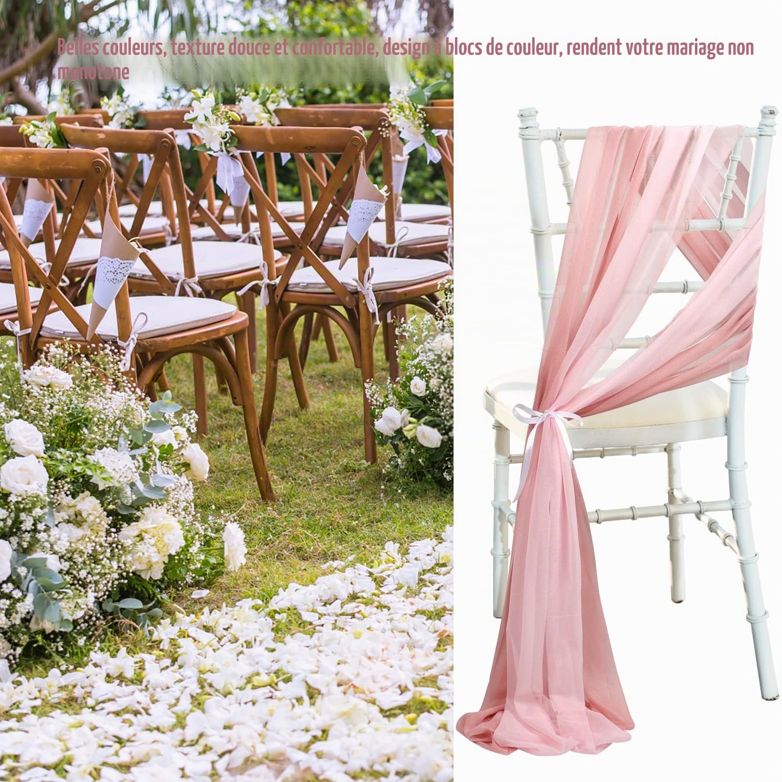 Lot de 16 Décorations d'Allée de Mariage 2,5 m - Rideaux de Chaise pour Cérémonie, Fête - Rose Poudré et Mauve