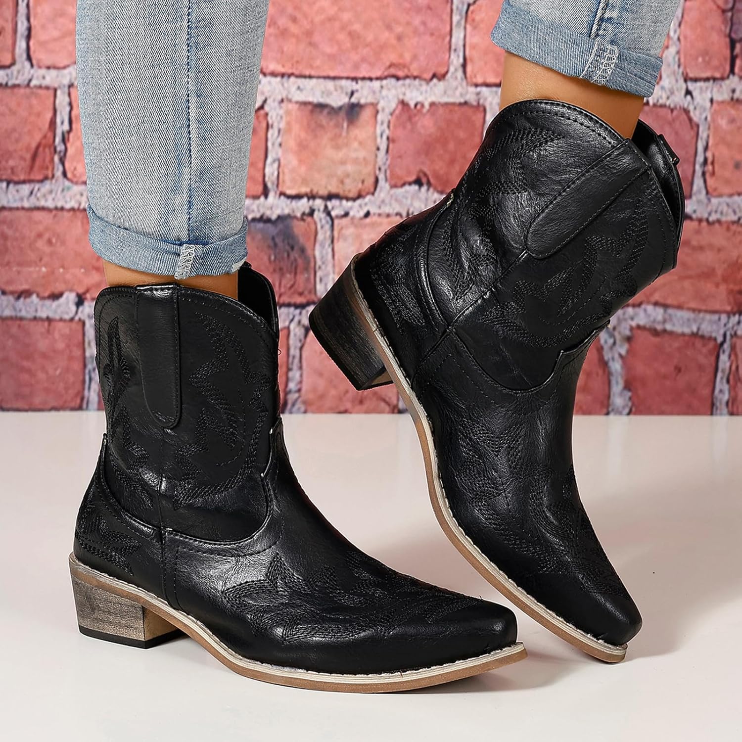 Cowboy Boots for Women Cowgirl Western Ankle Booties Pointed Toe Low Chunky Heel Embroidered Classic Short