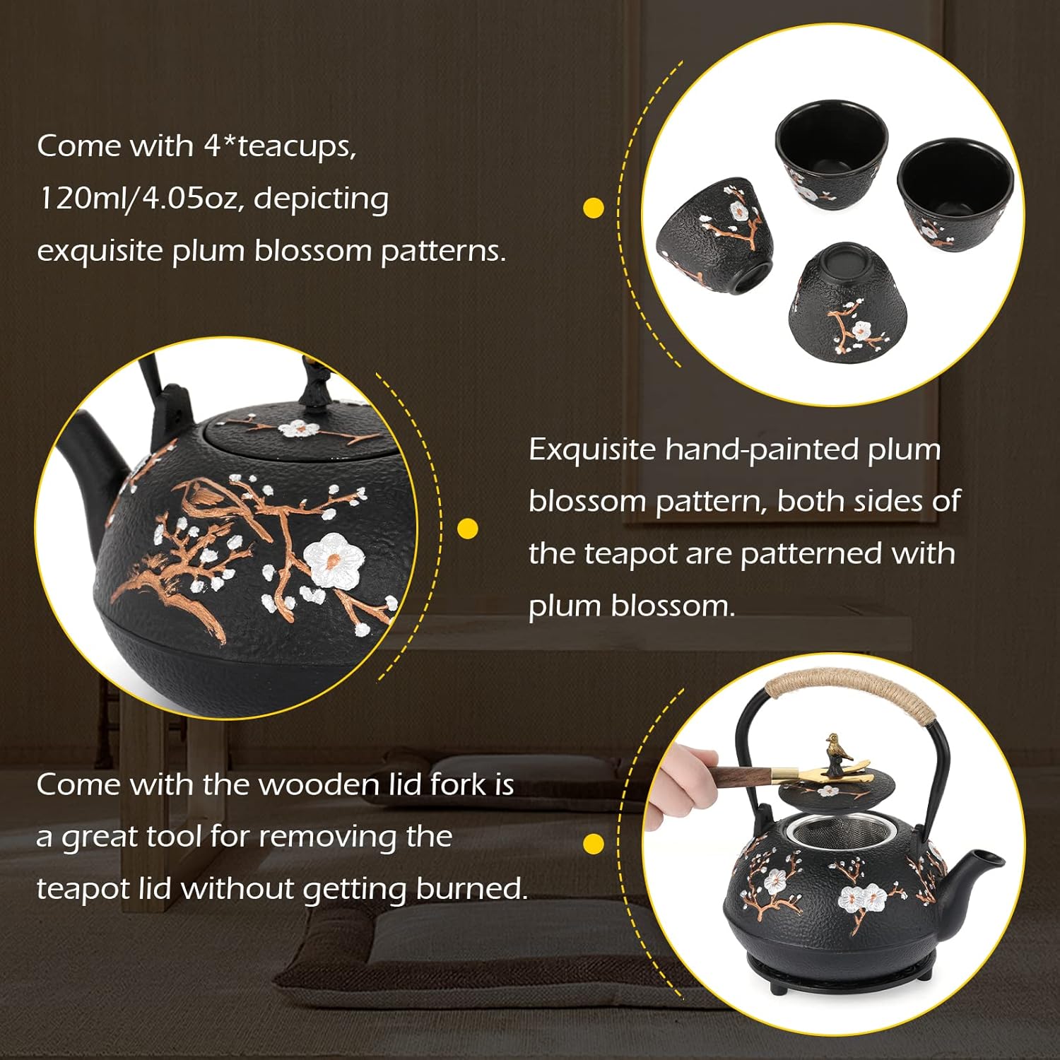 Dyna-Living Cast Iron Teapot 1200ml/40.6oz Japanese Tea Set with 4 Tea Cups Japanese Cast Iron Teapot with Infuser Japanese Tea Kettle Stovetop Gift for Tea Lover