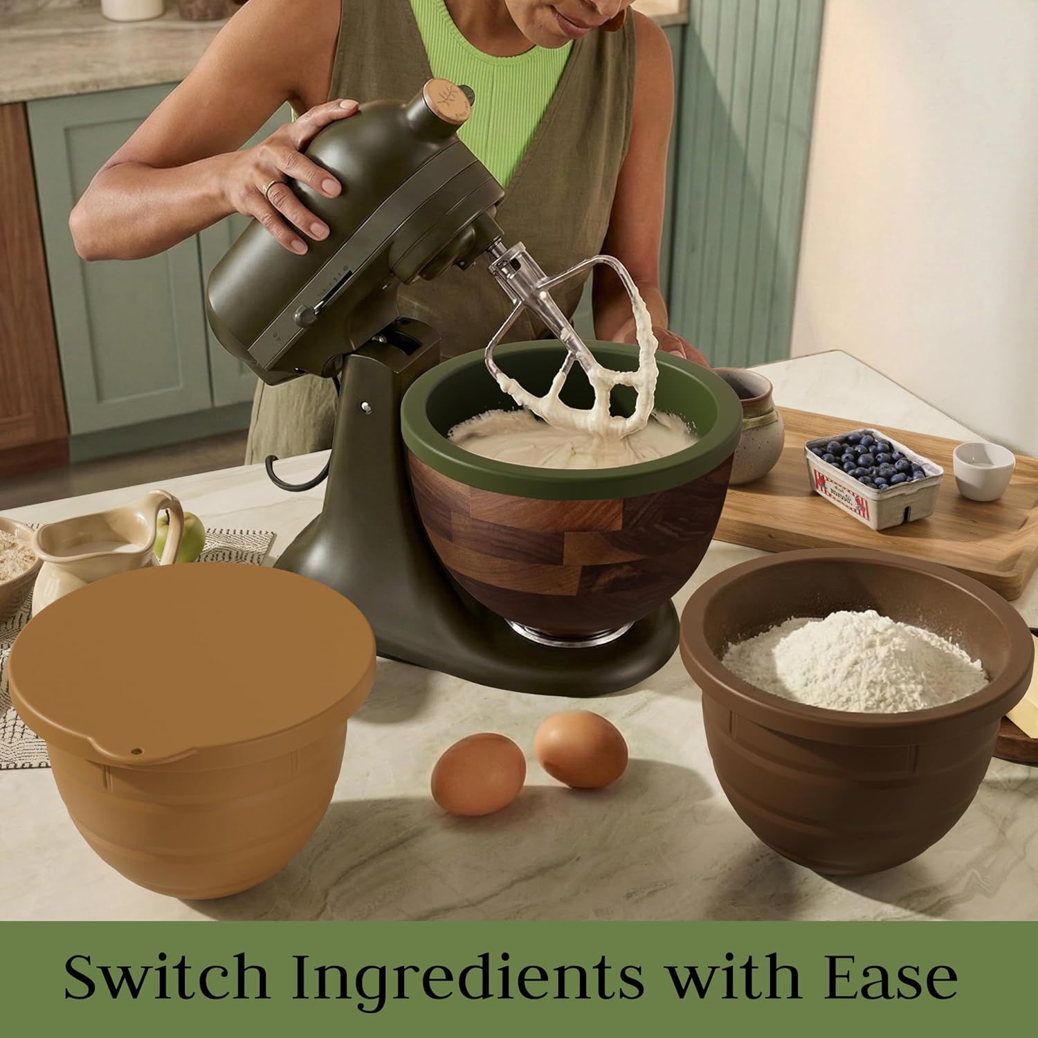 Silicone Bowl Liner Compatible with Kitchenaid Walnut Wood Mixing Bowl 5 Qt, Fits 2024 Evergreen & 2025 Tilt-Head Stand Mixer Accessories, 3 Food-Grade Liners with Lids, Dishwasher Safe