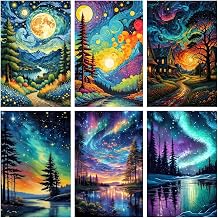 NEGEKFKX 6 Pack Aurora Diamond Art Kits for Adults Beginners,Landscape Diamond Painting Kits for Adults,5D Full Drill DIY Diamond Dot Gem Art Kit Wall Home Decor Arts Craft 16x12 inch