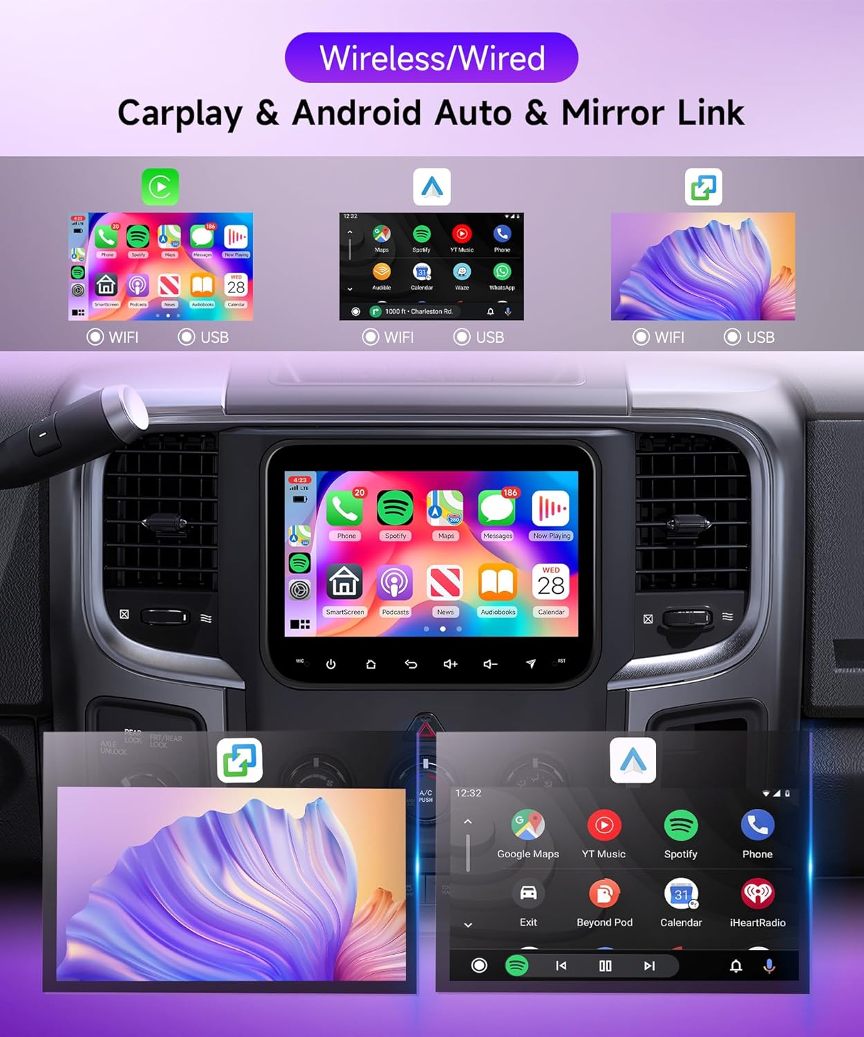 4Core 4G+64G Android 15 Car Stereo Radio for Dodge RAM 1500/2500/3500 2013-2018/Jeep Wrangler 2018-2022/Jeep Grand Cherokee 2016-2021, Rimoody Wireless Carplay Andorid auto GPS 5G-WiFi Mirror Link