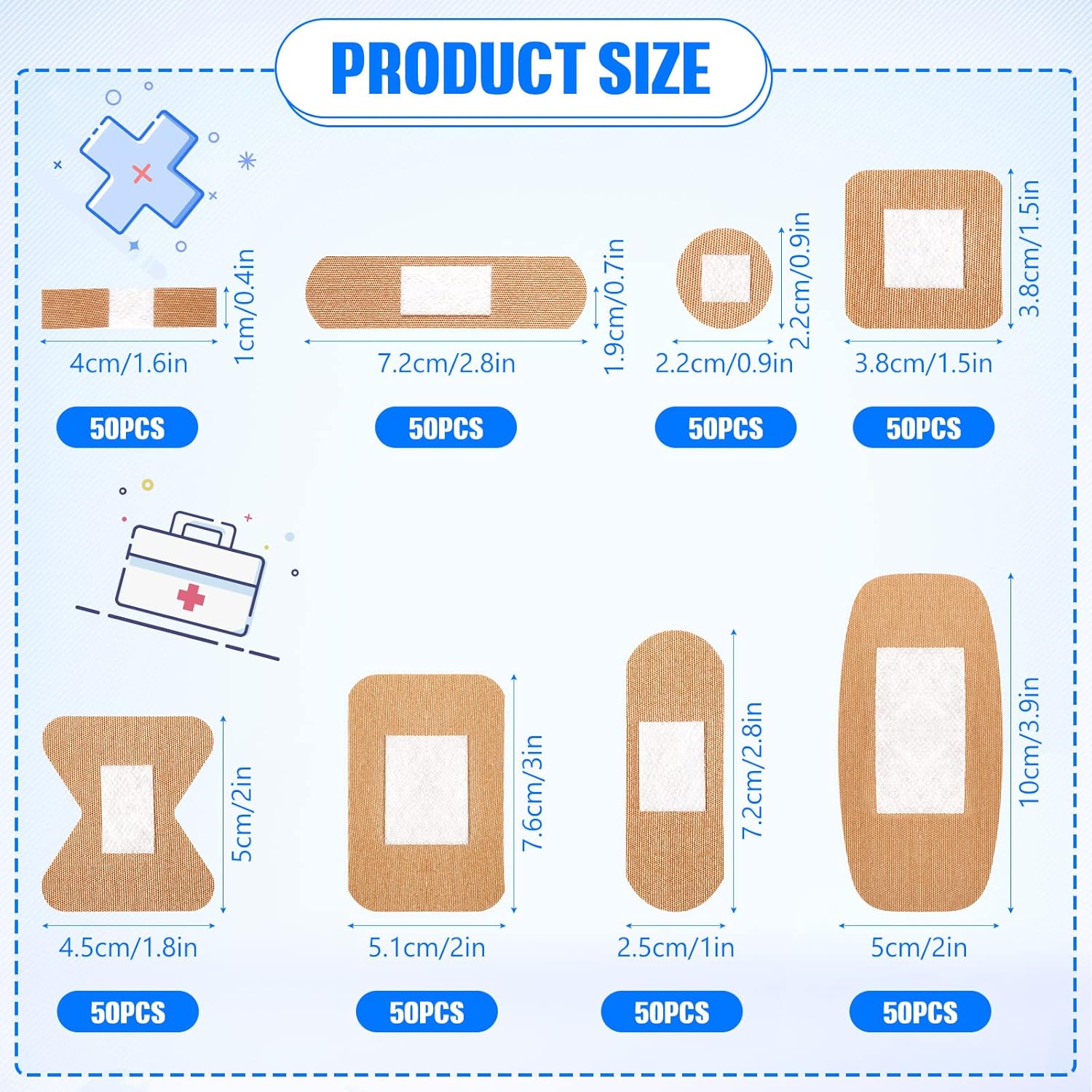 400 Pcs Bandages Bulk Various Sizes Food Service Waterproof Adhesive Bandages Sterile Processing Non Stick Strips Pad for First Aid & Wound Care Protection(8 Styles)