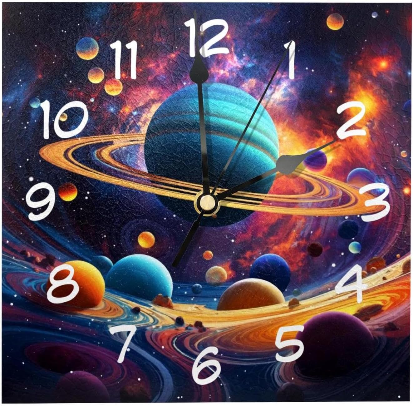 8 Inch Square Wall Clock Silent Non-Ticking Galaxy Space Planets Clock Battery Operated, Wooden Clock Decorative for Kitchen, Living Room Bedroom Office