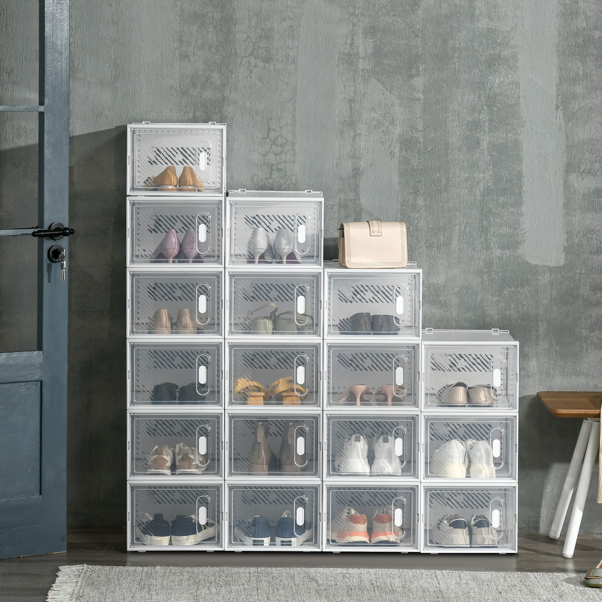 HOMCOM Mobile Scarpiera Modulare Salvaspazio per Interni con Fori di Ventilazione, 18 Cubi 28x36x21cm in Plastica PP, Bianco e Trasparente
