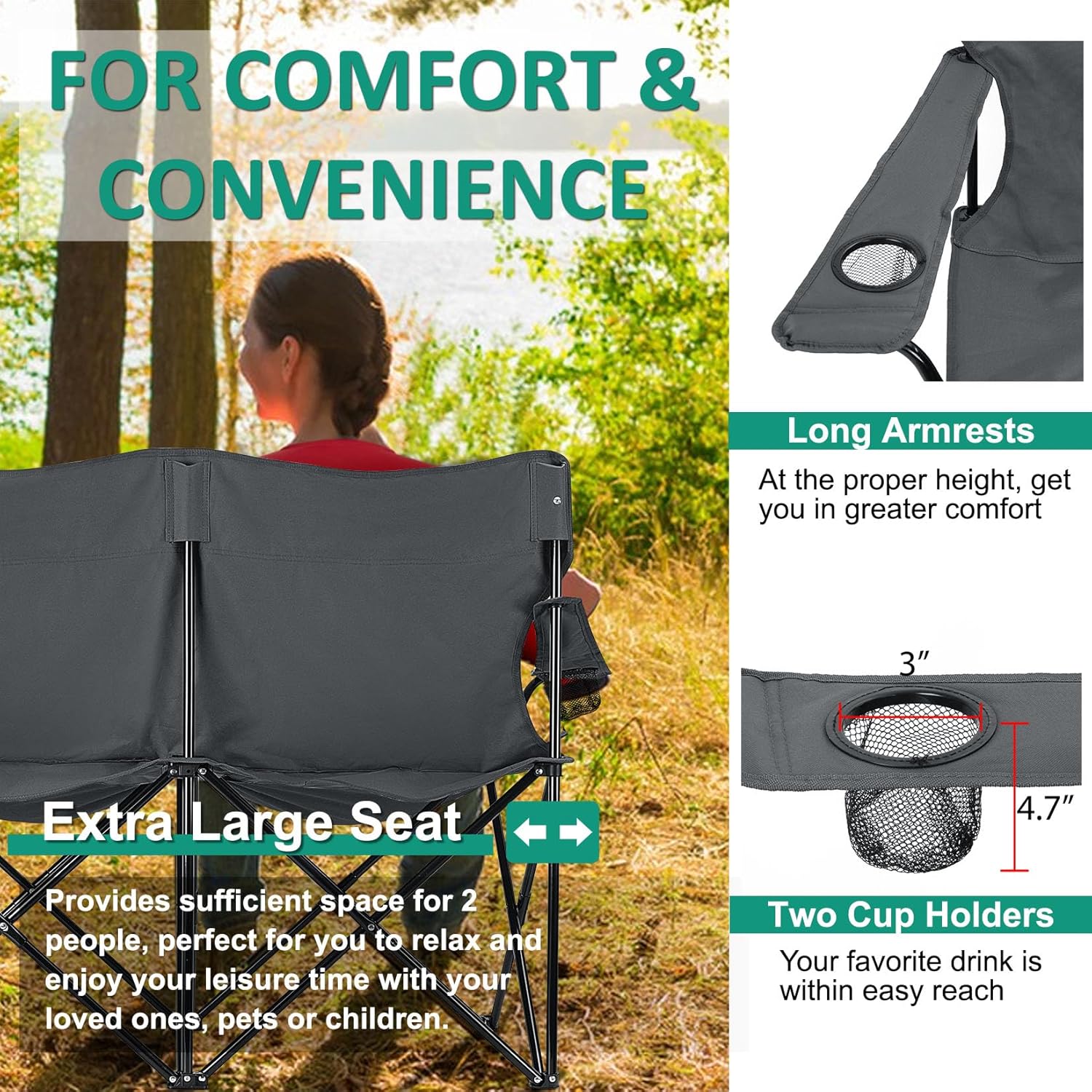 Joyfair Camping Beach Chair (Double-seat), Folding Camp Loveseat for Adults, Heavy Duty Portable Lawn Chair Fold Couch for Outdoor Sports Backpacking, Carrying Bag & Cup Holders (Grey)