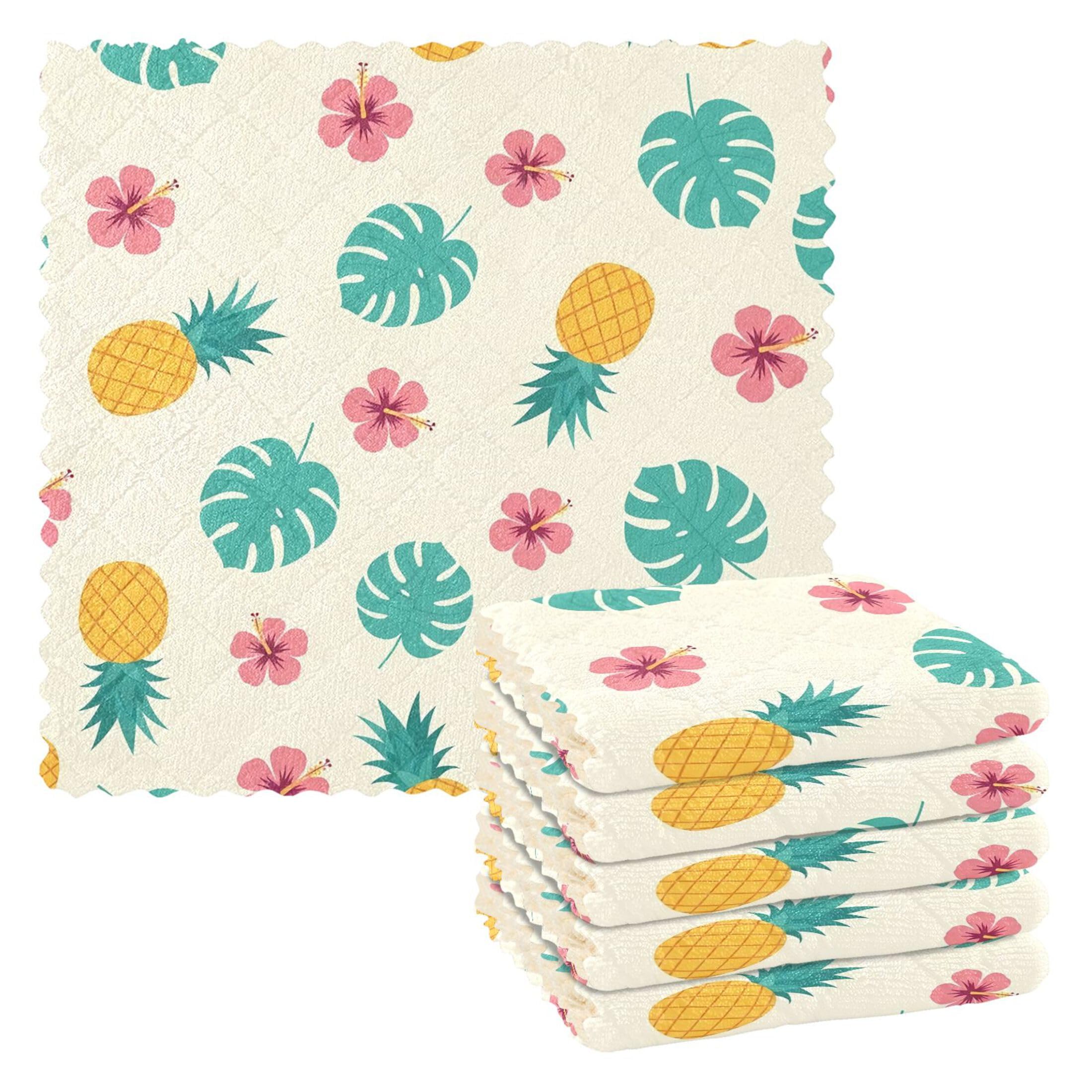 Fuauuyl Pineapples Monstera Leaves Kitchen Dish Towel Set of 6, Soft Absorbent Washable Cleaning Cloths Dish Rags Tea Bar Drying Towels, 11x11 In