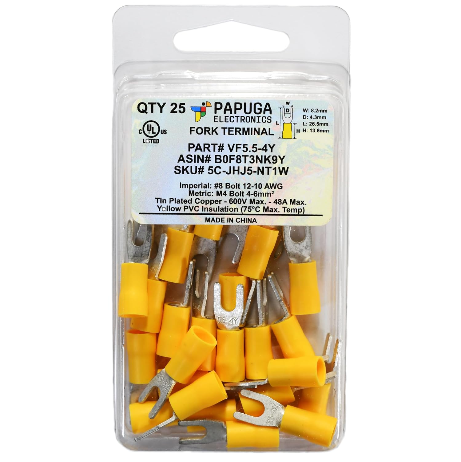 PAPUGA 25PCS 12-10 AWG (4-6 mm2) #8 / M4 Insulated Fork Spade Crimp Connector, 600V 48A, UL cUL Power Lug for Inverter Solar & Marine Wiring, Automotive & Marine