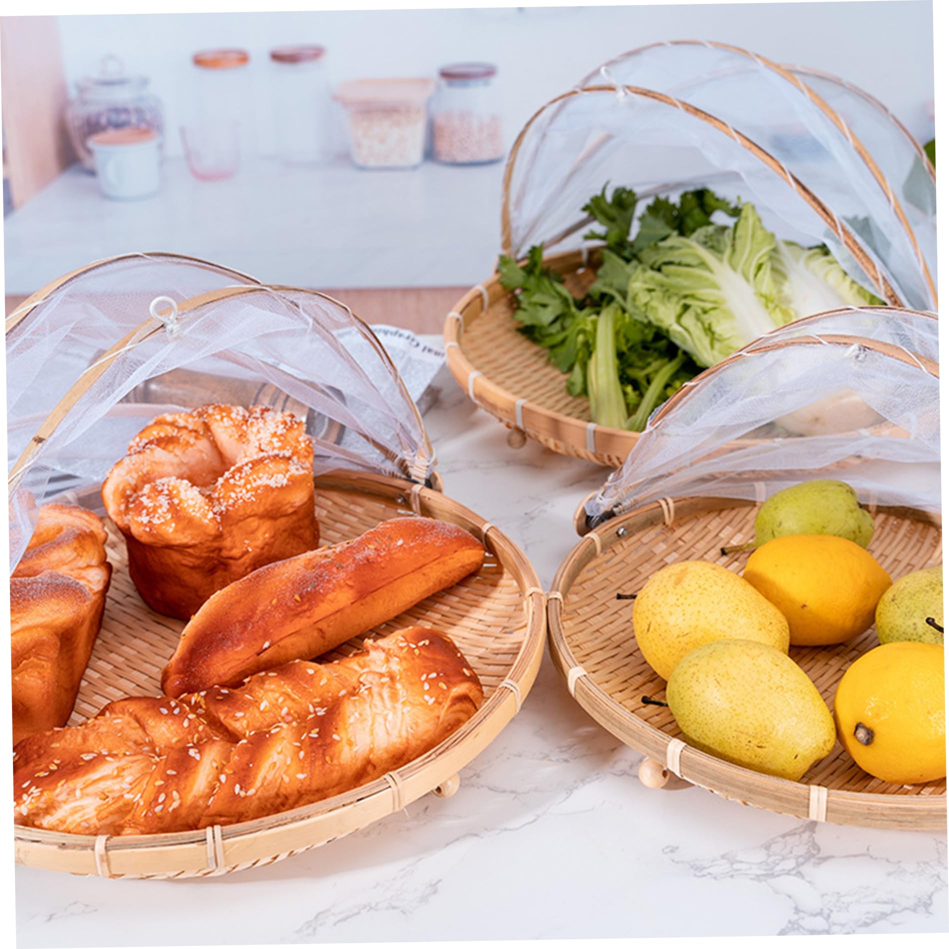 Panier à Fruits En Bambou Tressé Avec Cloche En Filet Synthétique - Au