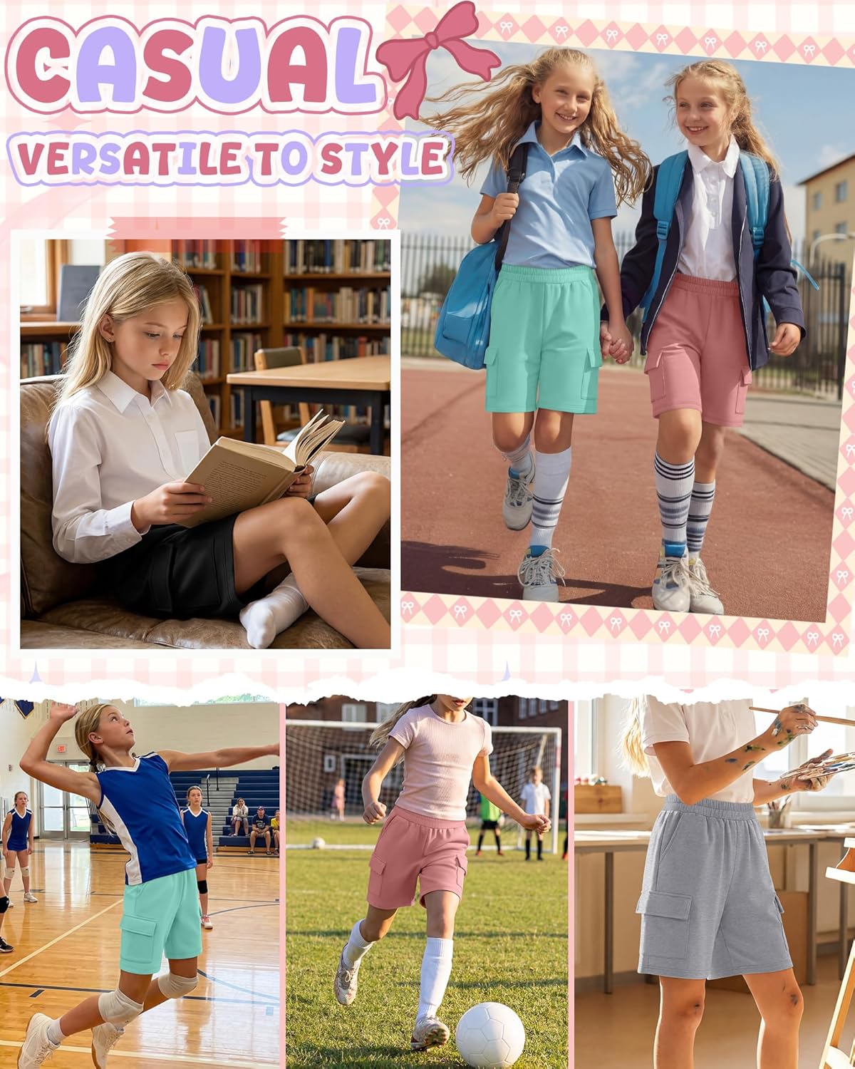 4 Pack Girls Cargo Bermuda Shorts Kids Summer Straight Leg Knee Length Shorts Teen Casual SweatShorts with Pocket
