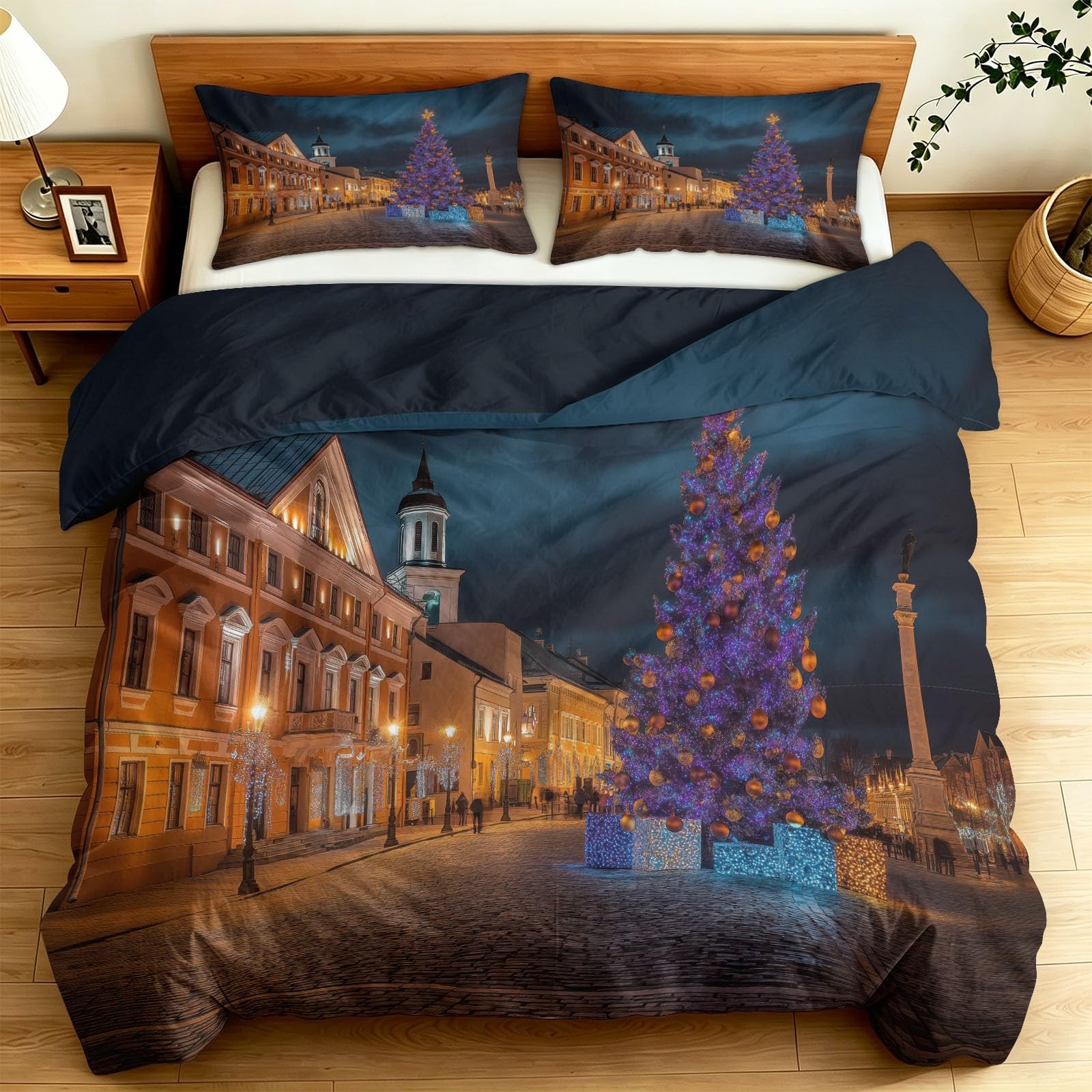 Verträumt świąteczny, oddychający zestaw pościeli, 200 x 200 cm, szara, z mikrofibry, dwustronna poszewka na kołdrę z ukrytym zamkiem błyskawicznym, wzór architektoniczny, choinka, dla rodzin i dzieci