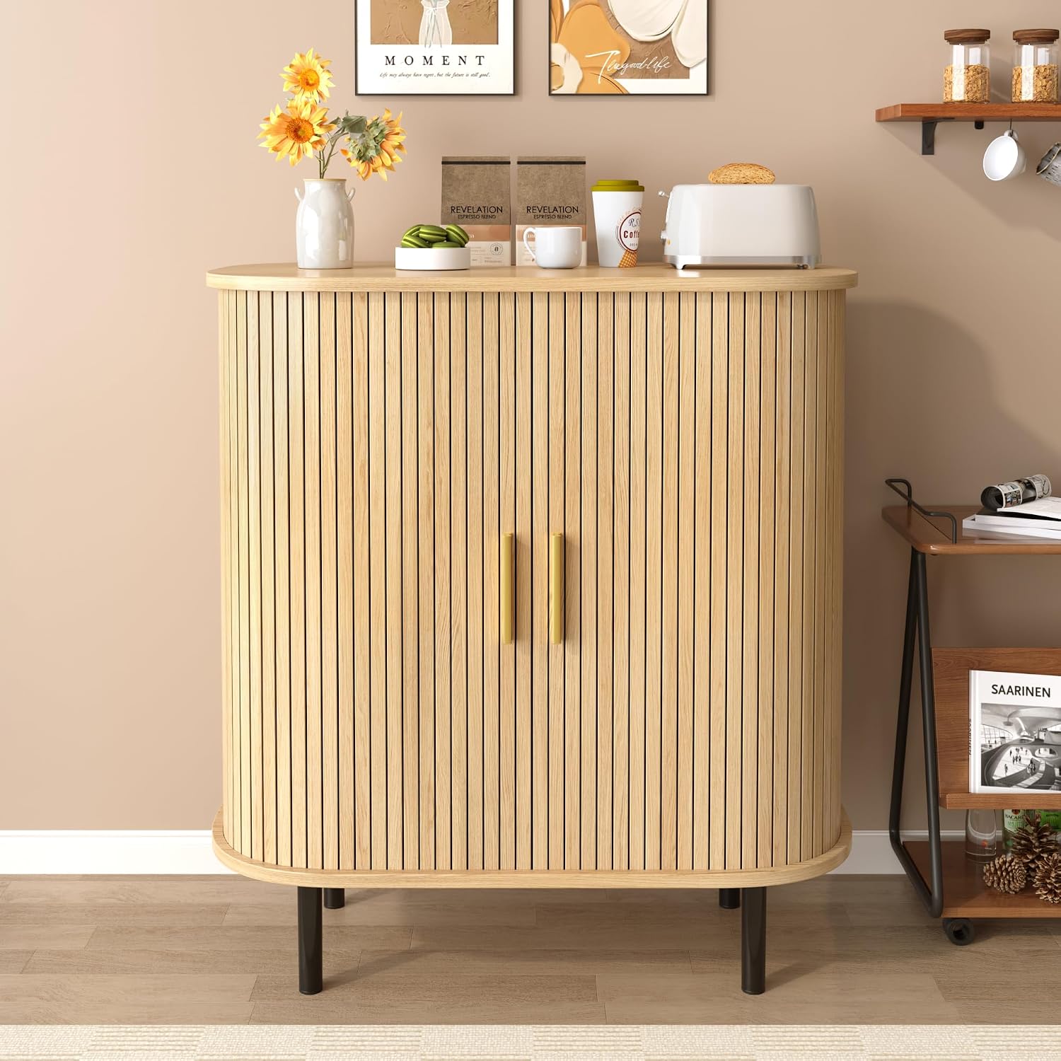 28'' Wine Bar Cabinet with Storage, Fluted Liquor & Coffee Bar Cabinet with Wine Rack and Glass Holder, Modern Buffet Sideboard with Adjustable Shelf for Living Room Kitchen Entryway,Natural