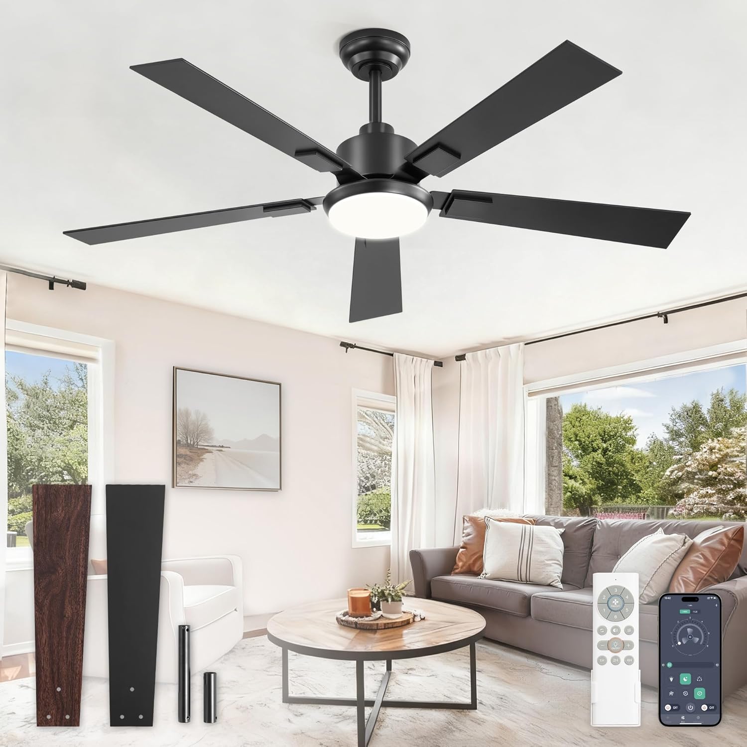 52 Inch Ceiling Fans with Lights and Remote&APP Control, Black Smart Ceiling Fan with 3000-6000K Dimmable, 6 Speeds Quiet Reversible Motor, Indoor/Outdoor Ceiling Fan for Bedroom Living Room Black 52 Inch