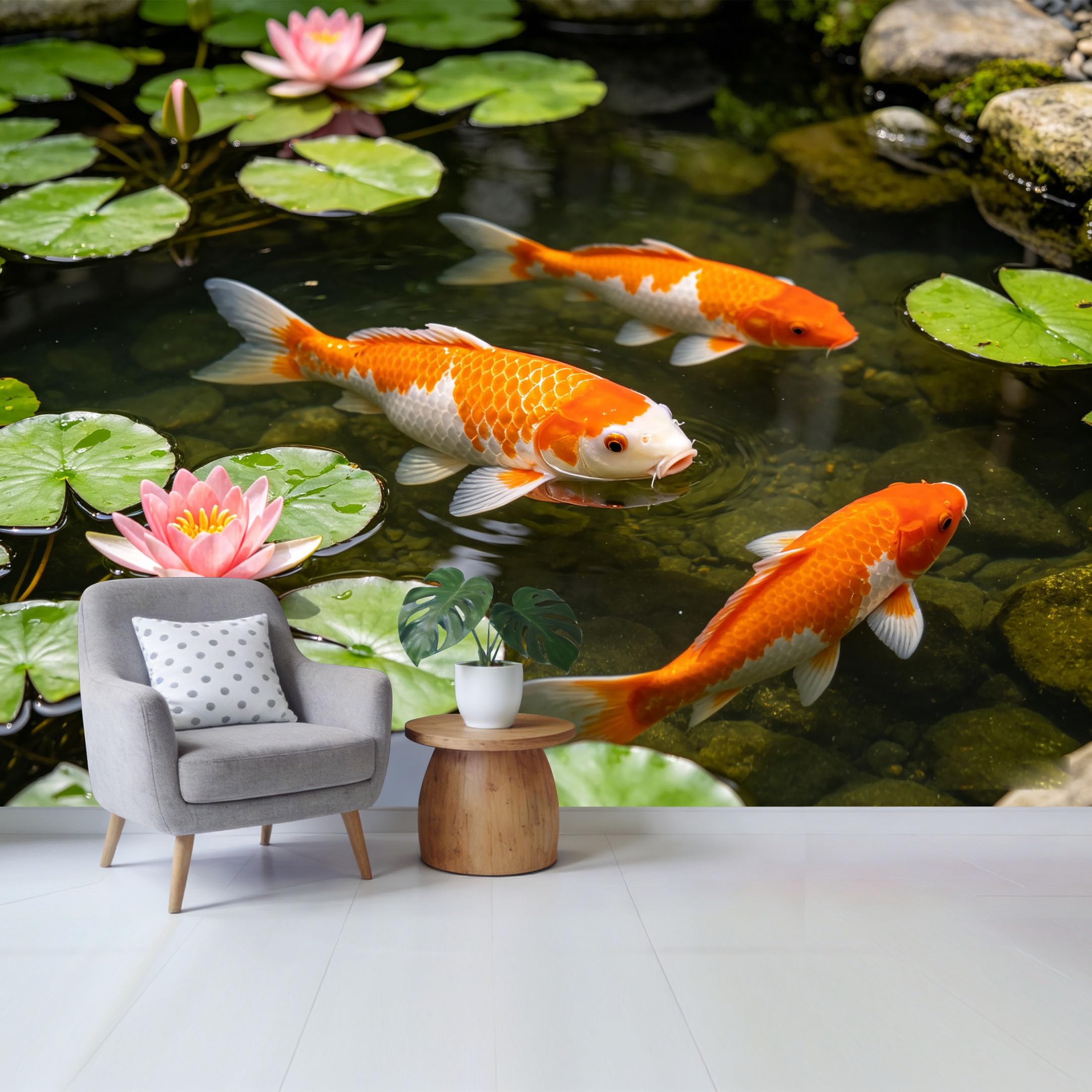 Qzlithotic Yq2605251053 Custom Size Wall Mural Koi Fish Swimming Pond Water Lily Flowers Nature Landscape Selfadhesive Wall Fabric Removable Wallpaper For Home Office Decor