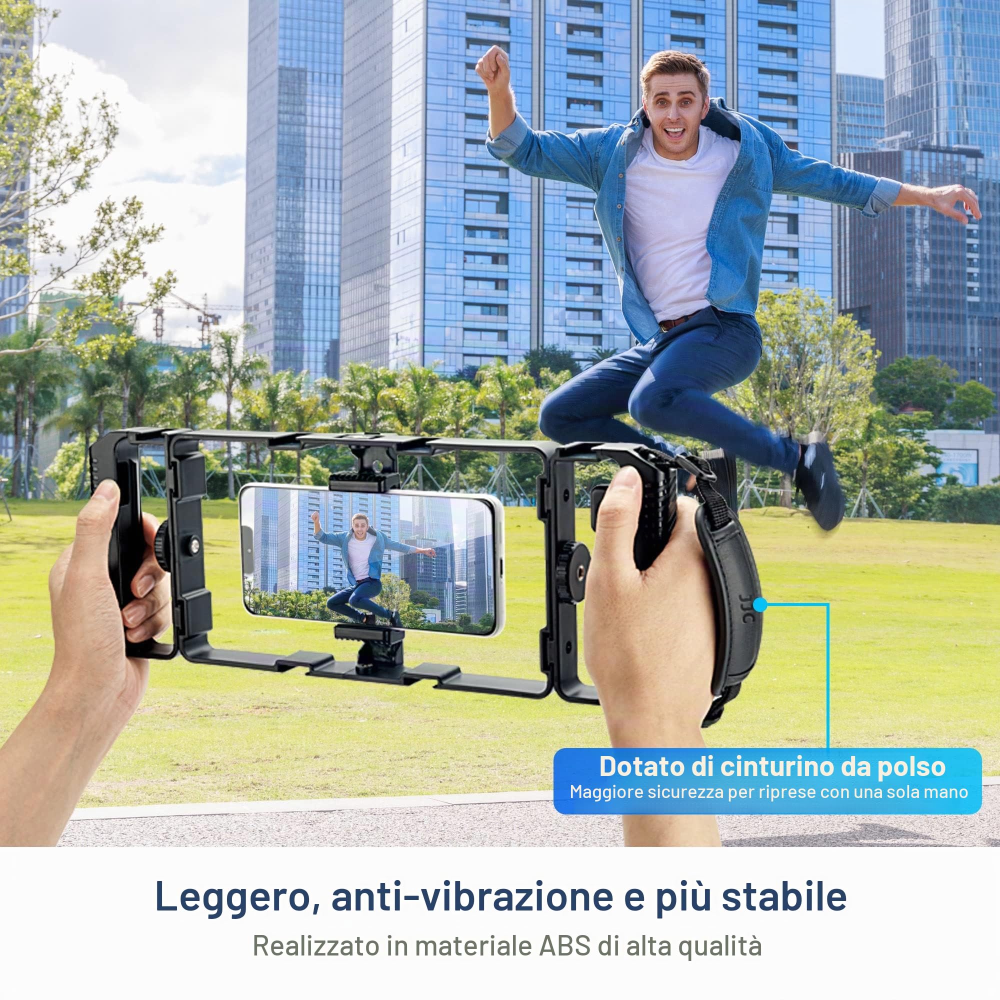 [Multiuso] JJC - Supporto video universale per smartphone + kit di controllo remoto Bluetooth per iPhone 17 16 15 14 13 12 11 Pro Max Huawei Samsung Mobile Phone Video Stabilizzatore portatile riprese