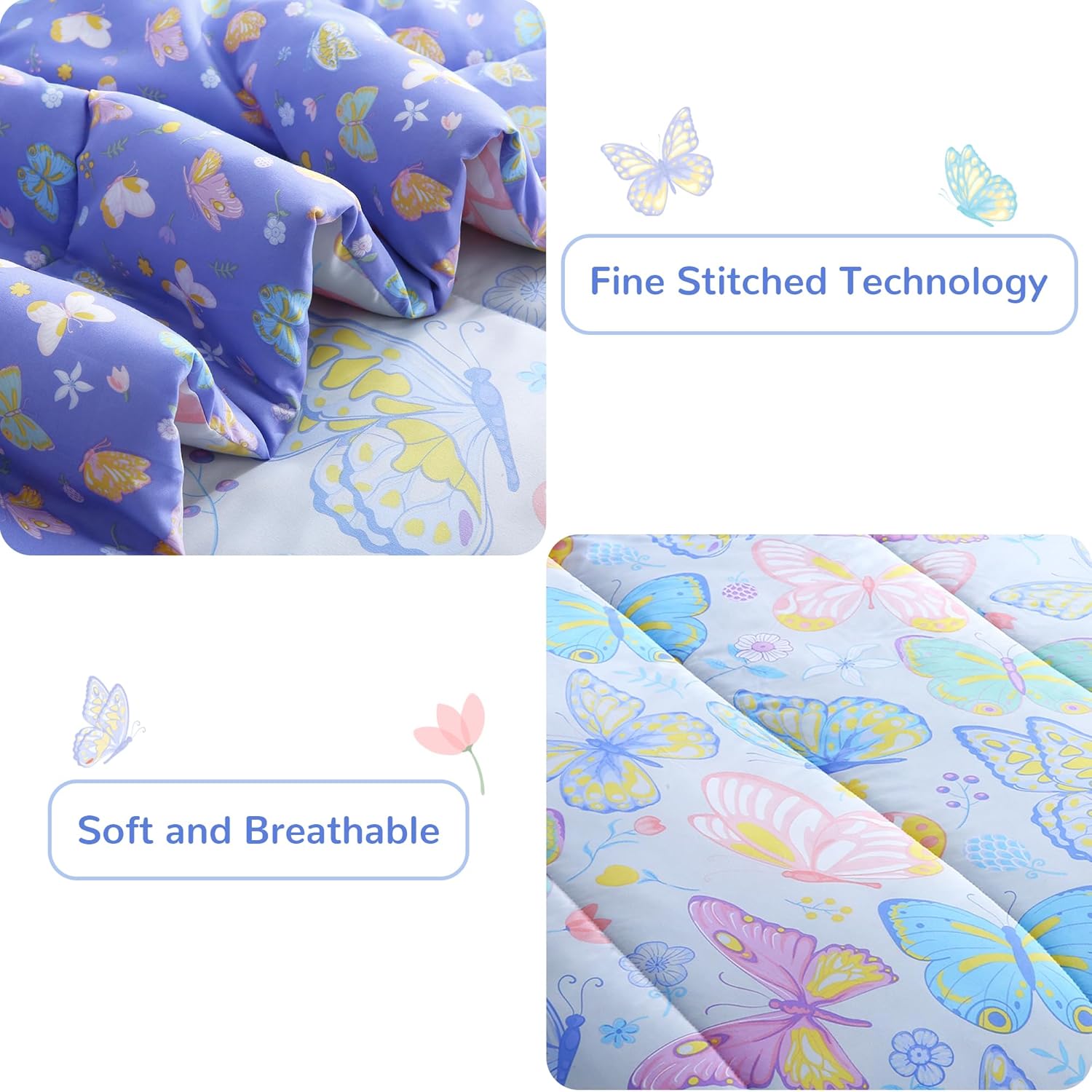 Viviland Kids Full Bedding Sets for Girls, Soft Full Comforter Set with Sheets, 7 Pieces Microfiber Bed in a Bag, Colorful Butterfly - Image 4