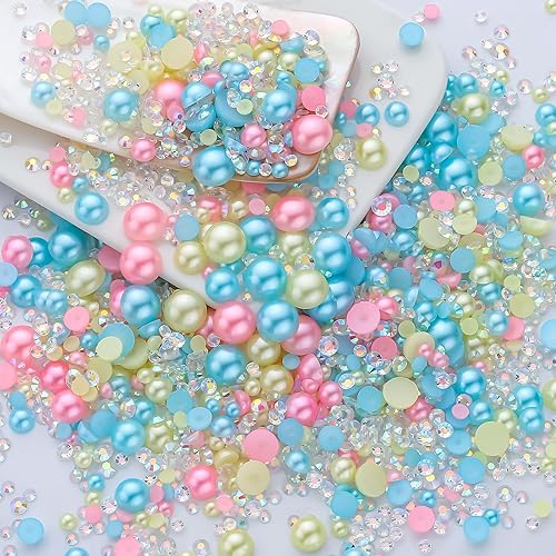 Miniatura 13 de 60g de perlas blancas de parte trasera plana con diamantes de imitación para manualidades, tamaño mixto de 3mm-10mm, color AB, redondas, mitad