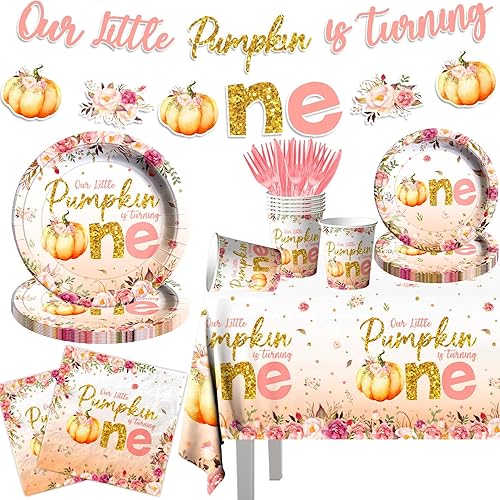 Decoraciones de primer cumpleaños de calabaza pequeña para niña, 142 piezas, Our Little Pumpkin is Turning One, vajilla desechable de calabaza