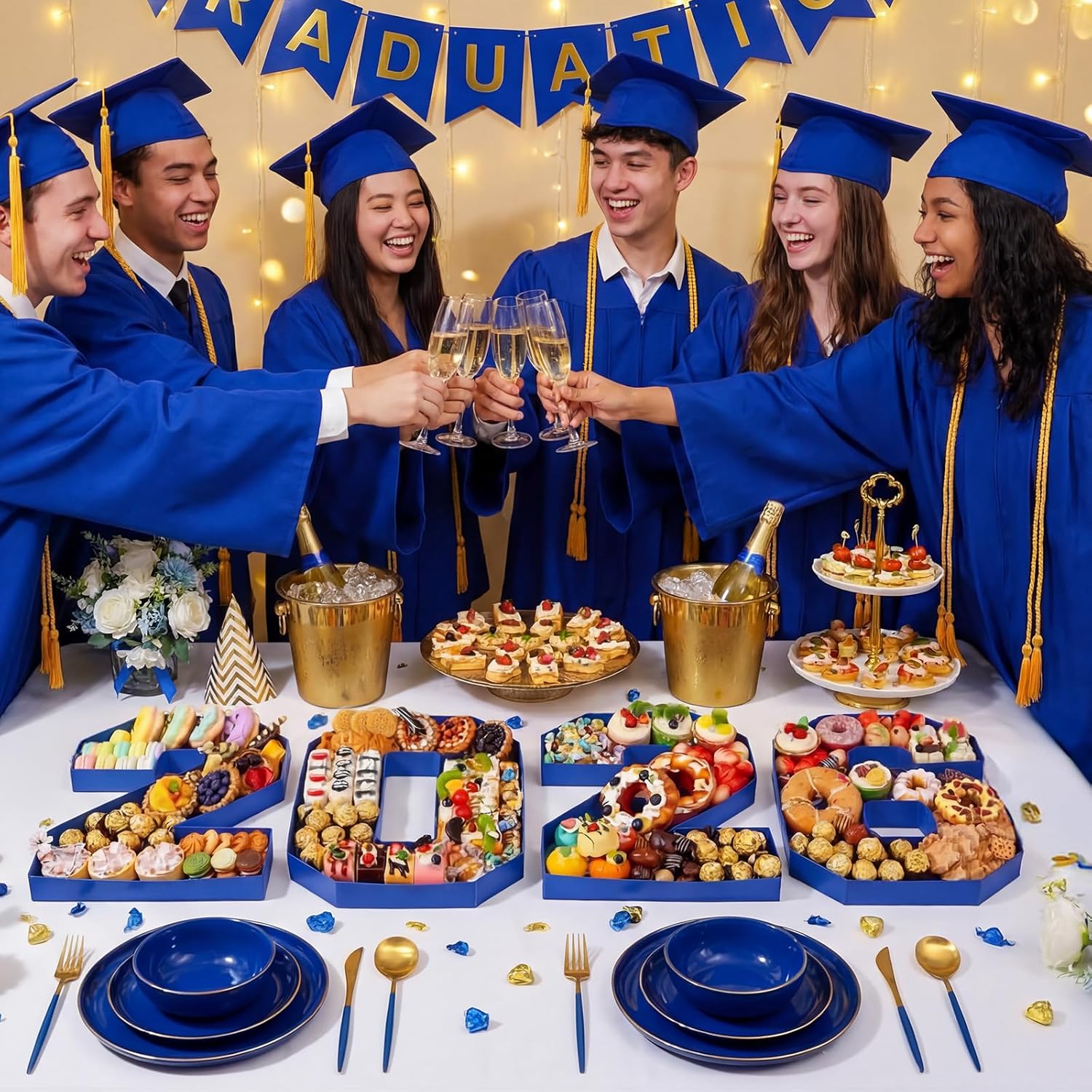 Tellingyou 2026 Charcuterie Number Fillable Plastic Boxes 13.7" Graduation Large Fillable Tray Numbers for Chocolate Candy Snack Grad Party Supplies(Royal Blue)