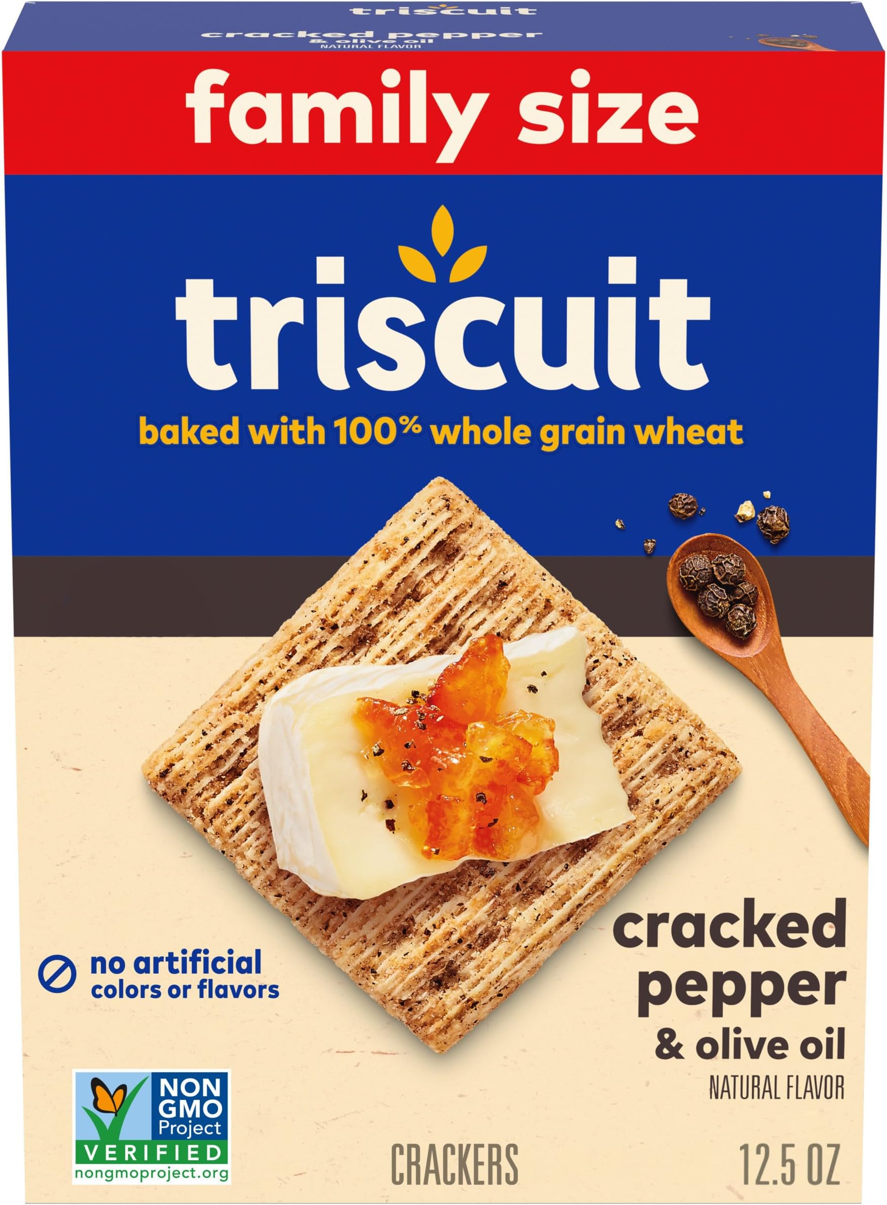 Triscuit Cracked Pepper & Olive Oil Whole Grain Wheat Crackers, Lunch Snacks, Snack Crackers, Family Size, 12.5 oz