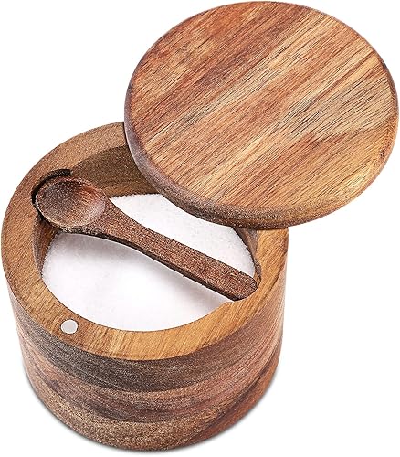 Cuenco de madera de acacia para sal y pimienta, bodega de sal y especias de madera natural, caja de almacenamiento con cuchara integrada y tapa