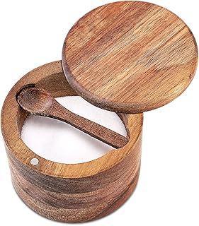 Acacia Wood Salt and Pepper Bowl, Nature Wood Salt Cellar and Spices Storage Box With Built-in Spoon and Magnetic Swivel Lid (Single Compartment 6.5 oz)