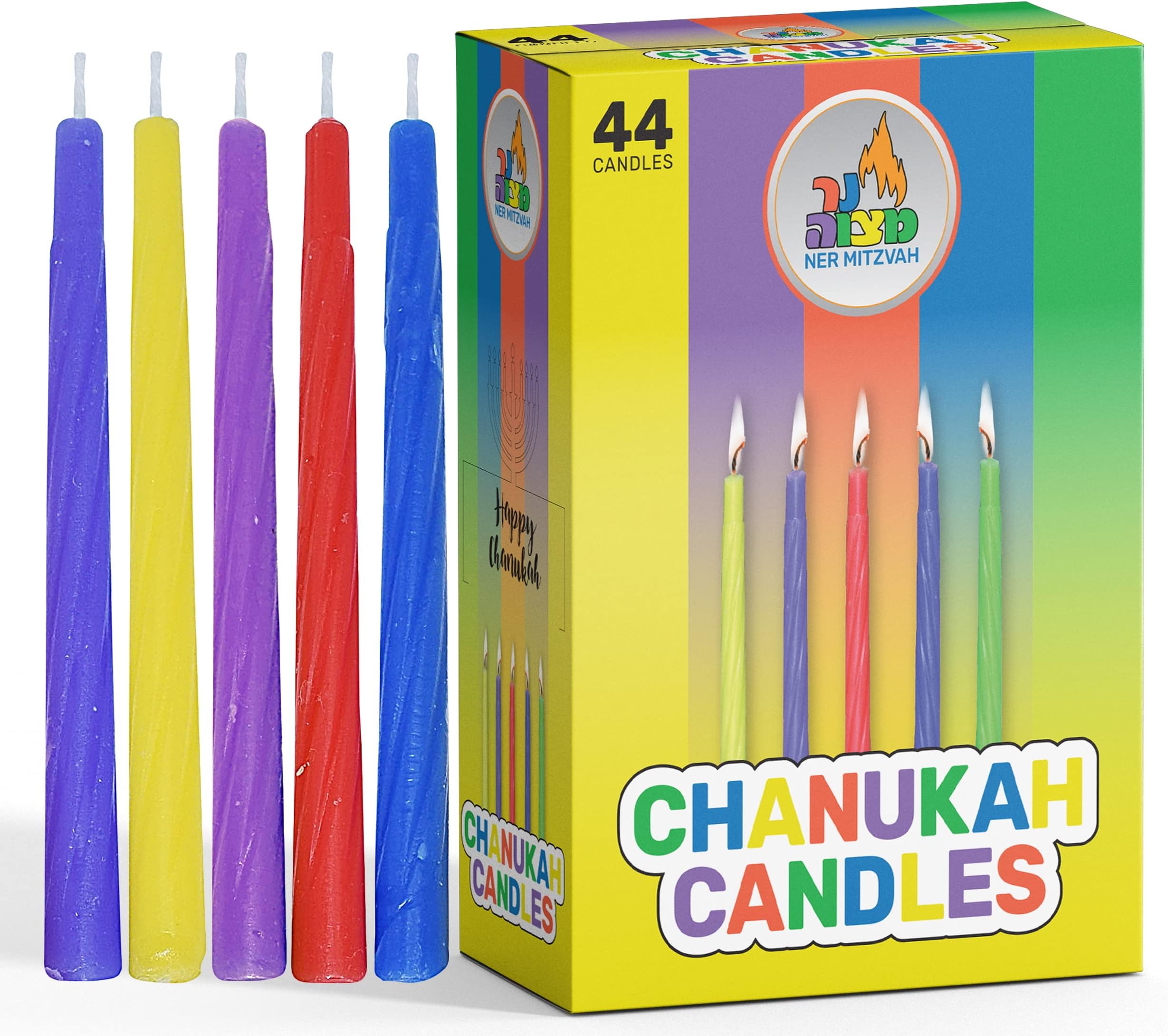 Ner Mitzvah Colorful Chanukah Candles 1-Pack - Standard Size Fits Most Menorahs - Premium Quality Wax - Assorted Colors - Bulk Pack for All 8 Nights of Hanukkah
