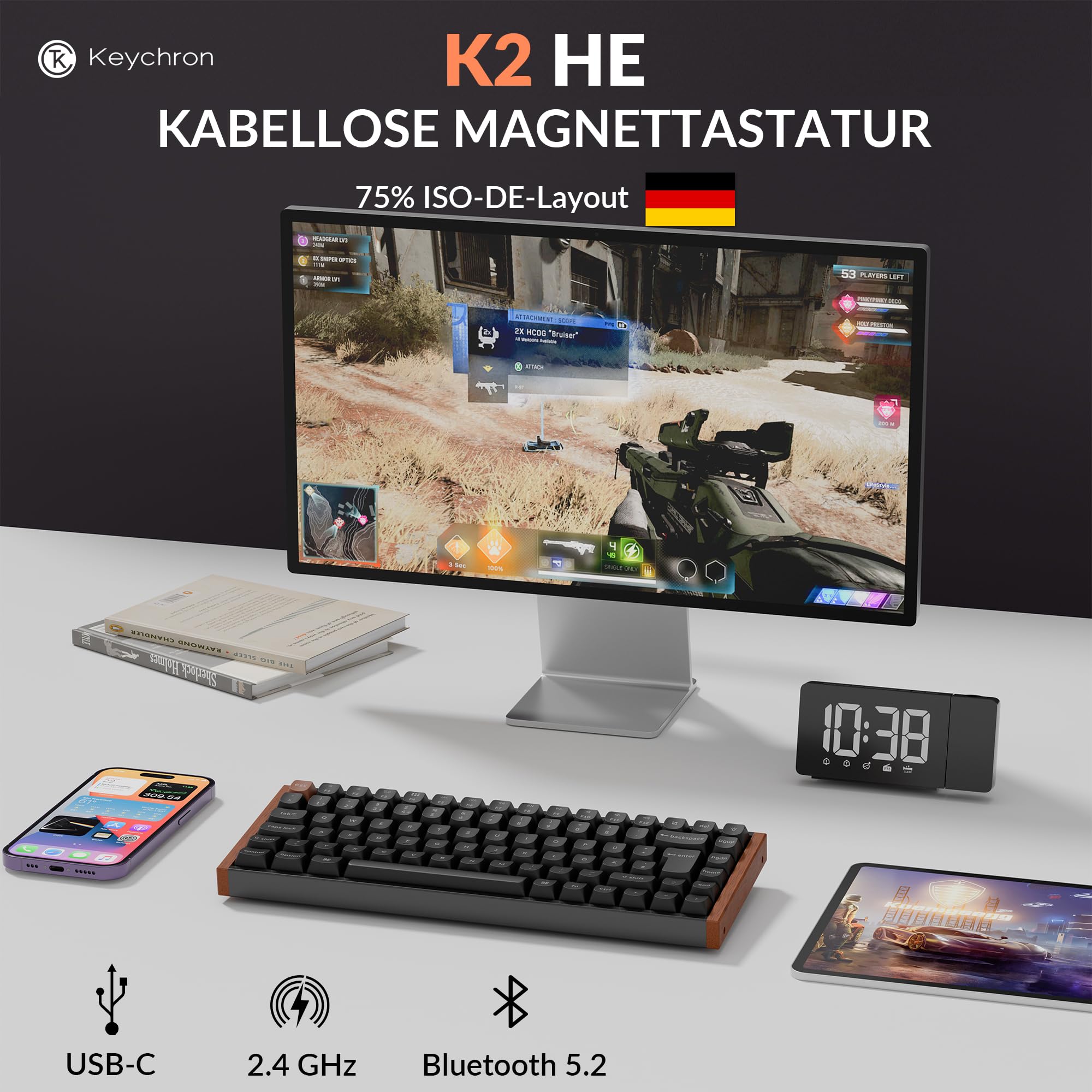 Keychron K2 HE Wireless-Tastatur, 75% DE-ISO-Layout, 2,4 GHz/Bluetooth 5.2, Gamer-Tastatur Magnetic Dual-Track Gateon Nebel für Mac/Windows, Sonderedition - Schwarz