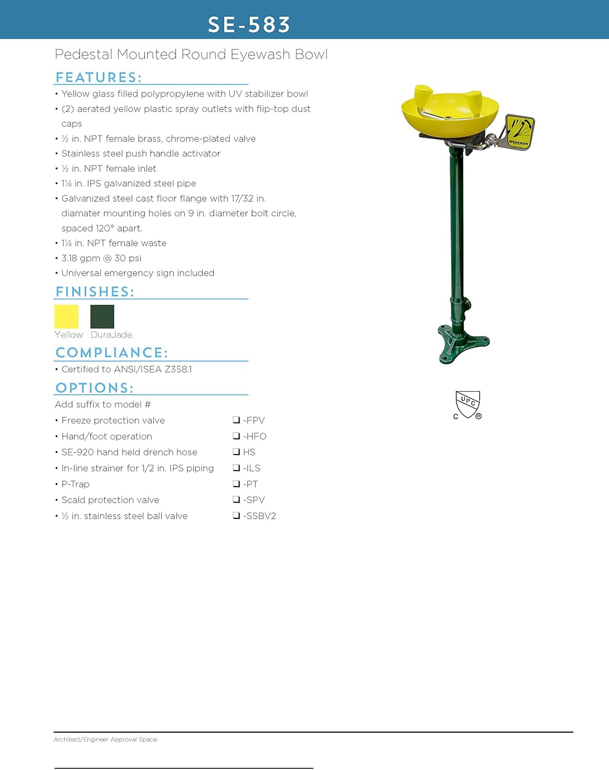 Speakman SE-583 Traditional Series Pedestal-Mounted Emergency Eyewash for Dangerous Worksites, Yellow