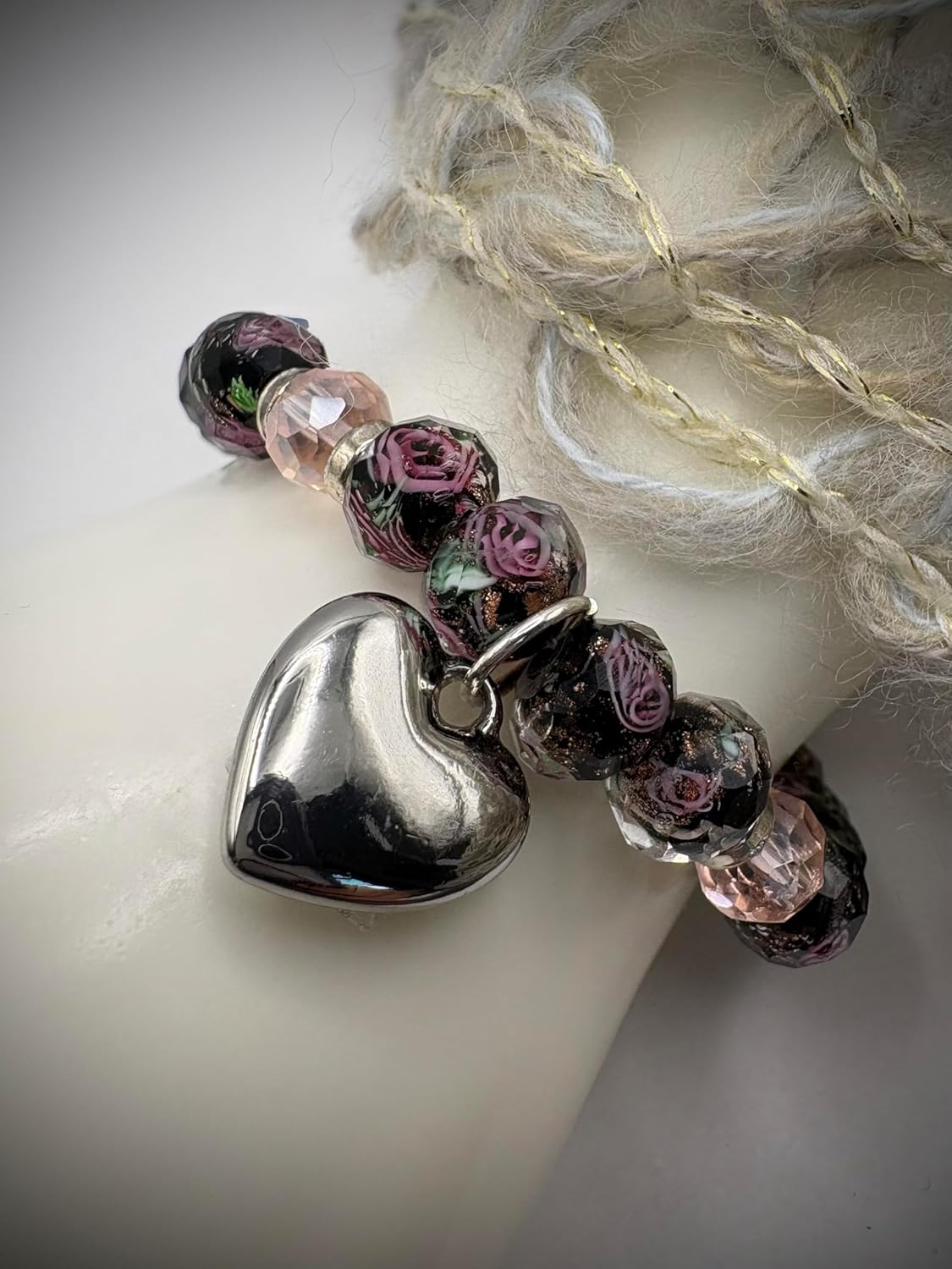 Handcrafted Black Floral Glass Lampwork Beaded Stretch Bracelet with Pink Rose Pattern, Silver Heart Charm For Women - Image 3